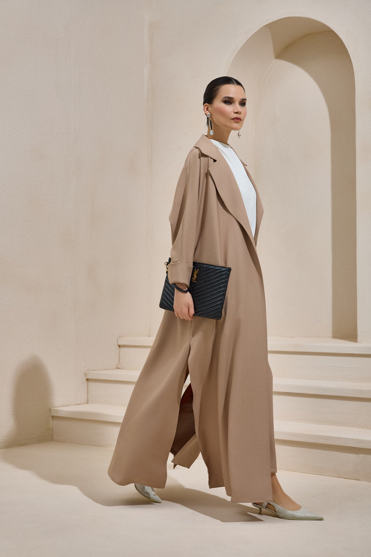 Light Brown Business Casual Abaya Set with Trousers - sonafey