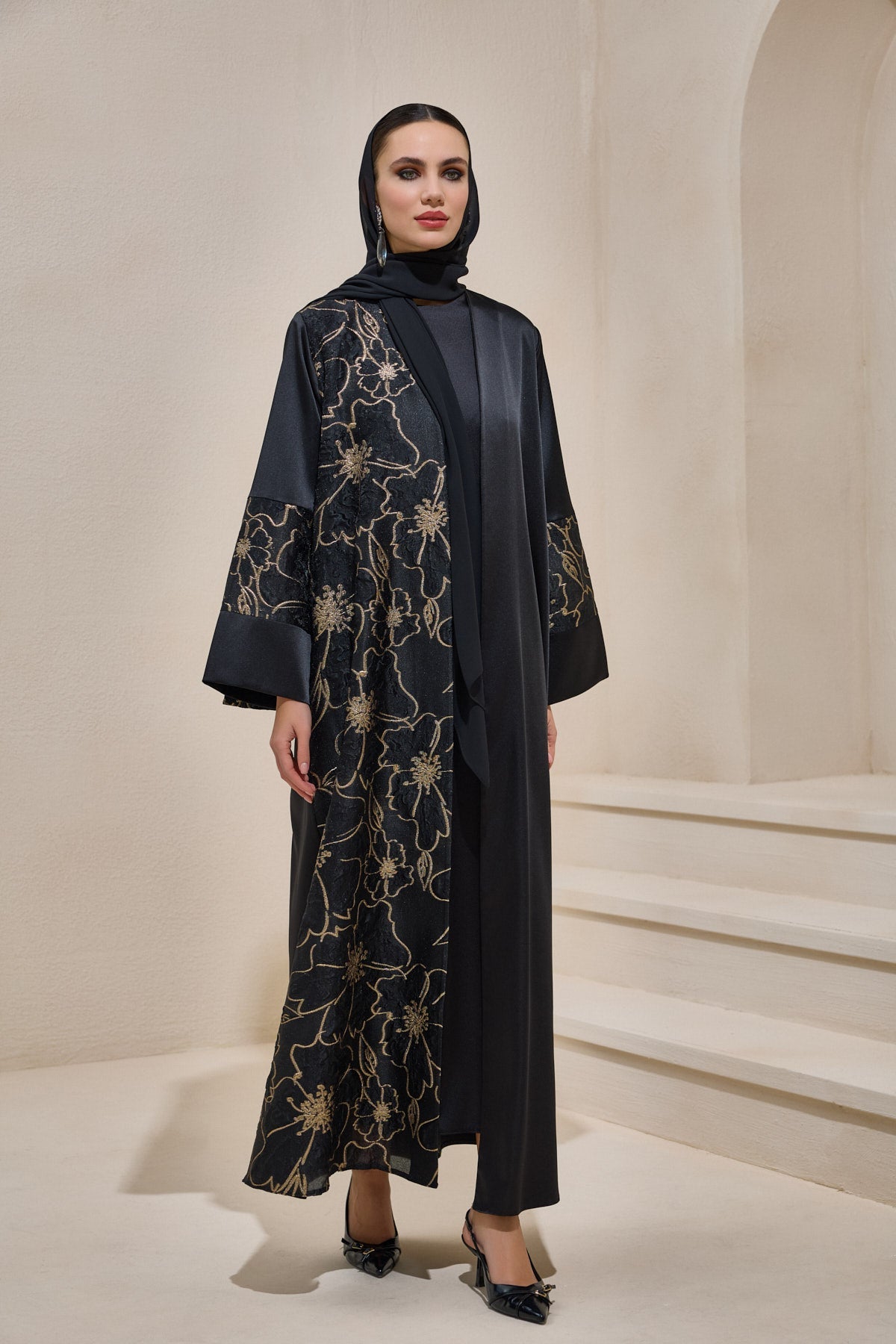 Black Gold Brocade Abaya Set with Shawl - sonafey