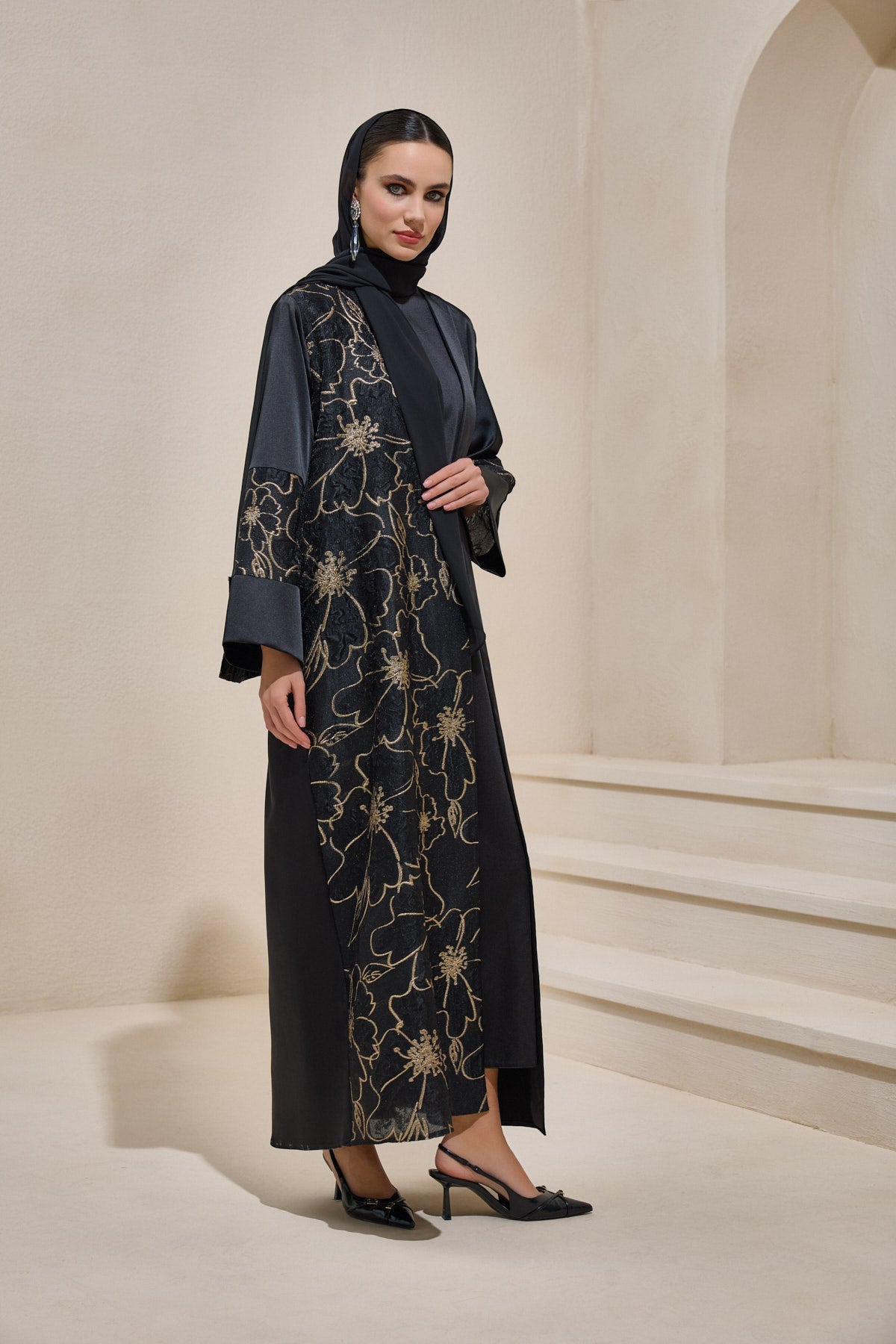 Black Gold Brocade Abaya Set with Shawl - sonafey