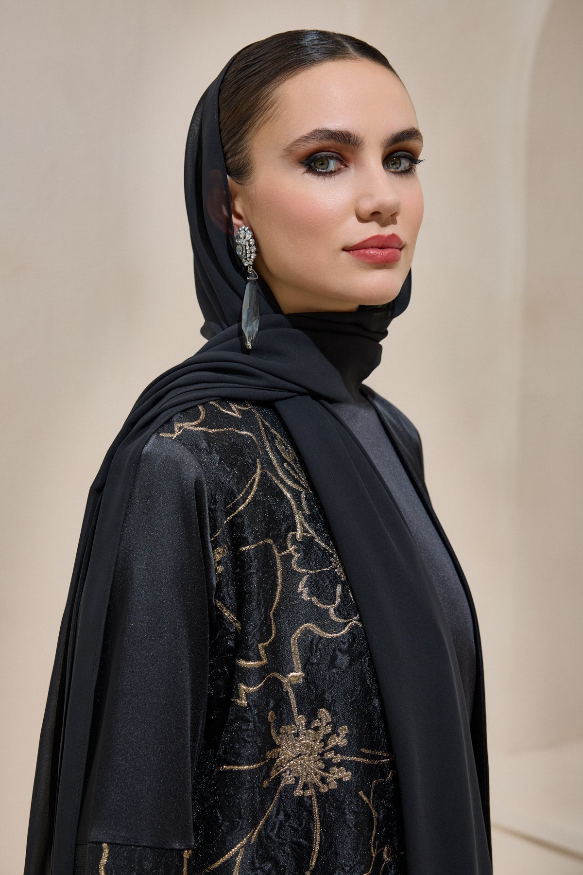 Black Gold Brocade Abaya Set with Shawl - sonafey