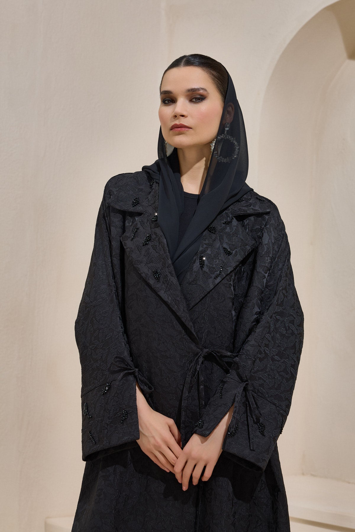 Black Crystal Embellished Brocade Abaya - sonafey