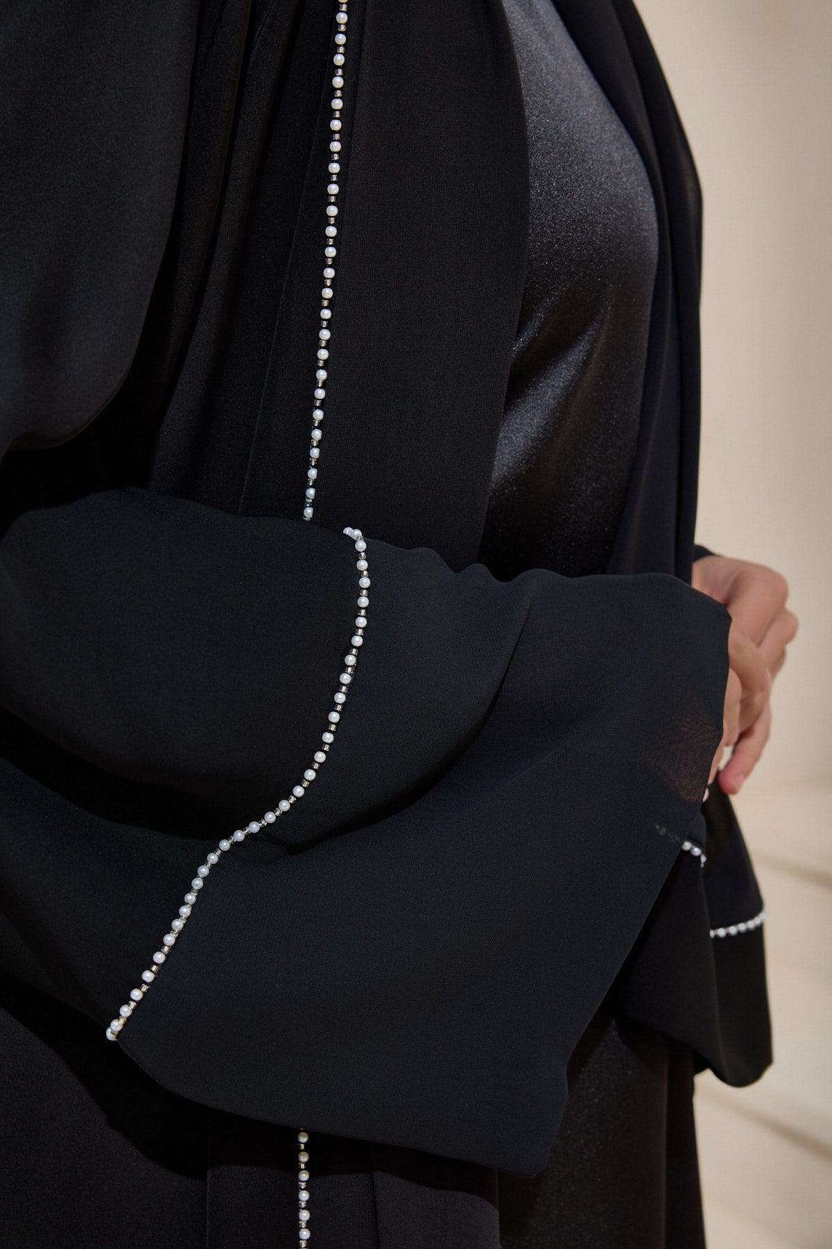 Pearl Embellished Black Abaya Set with Shawl - sonafey