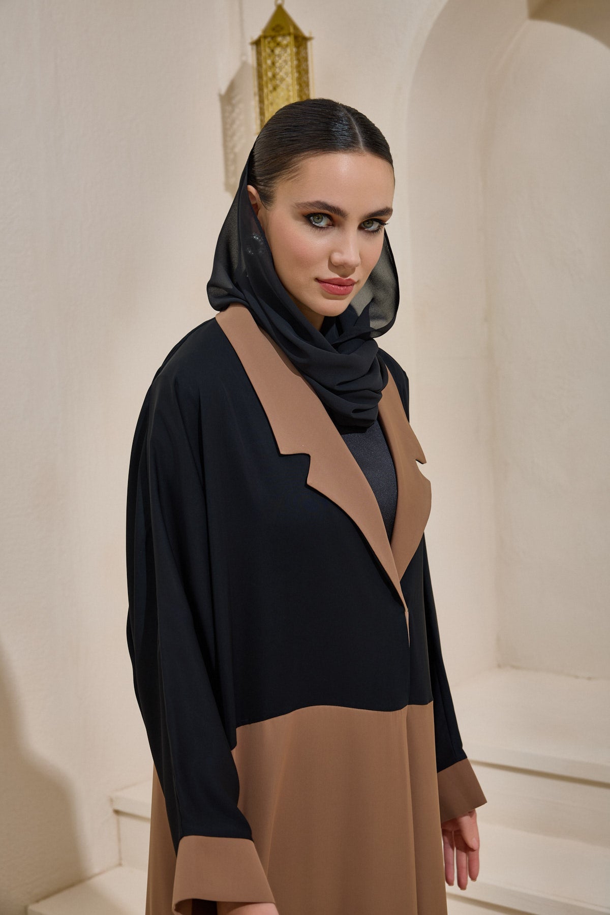 Brown and Black Abaya Set with Shawl - sonafey