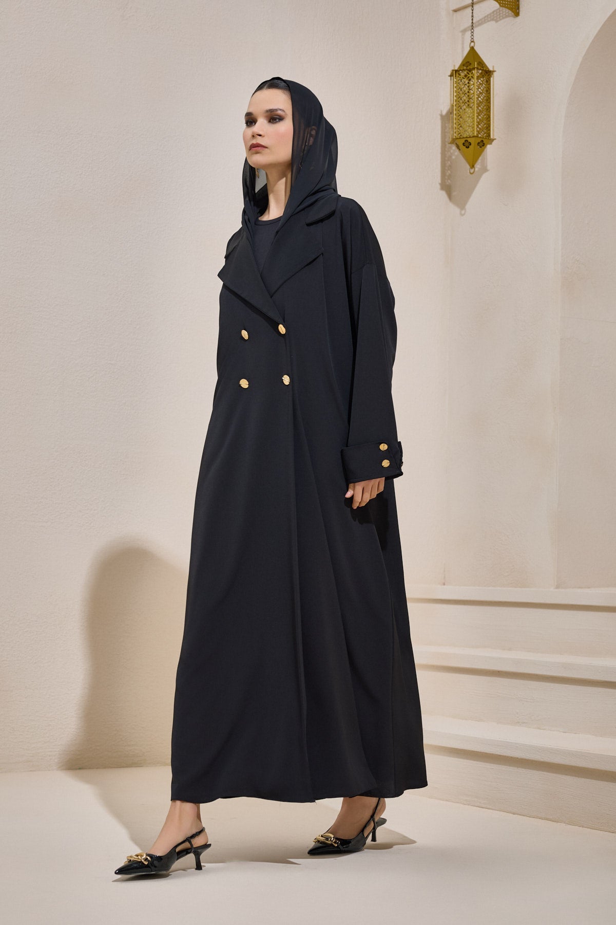 Black Gold Button Detailed Trench Abaya - sonafey
