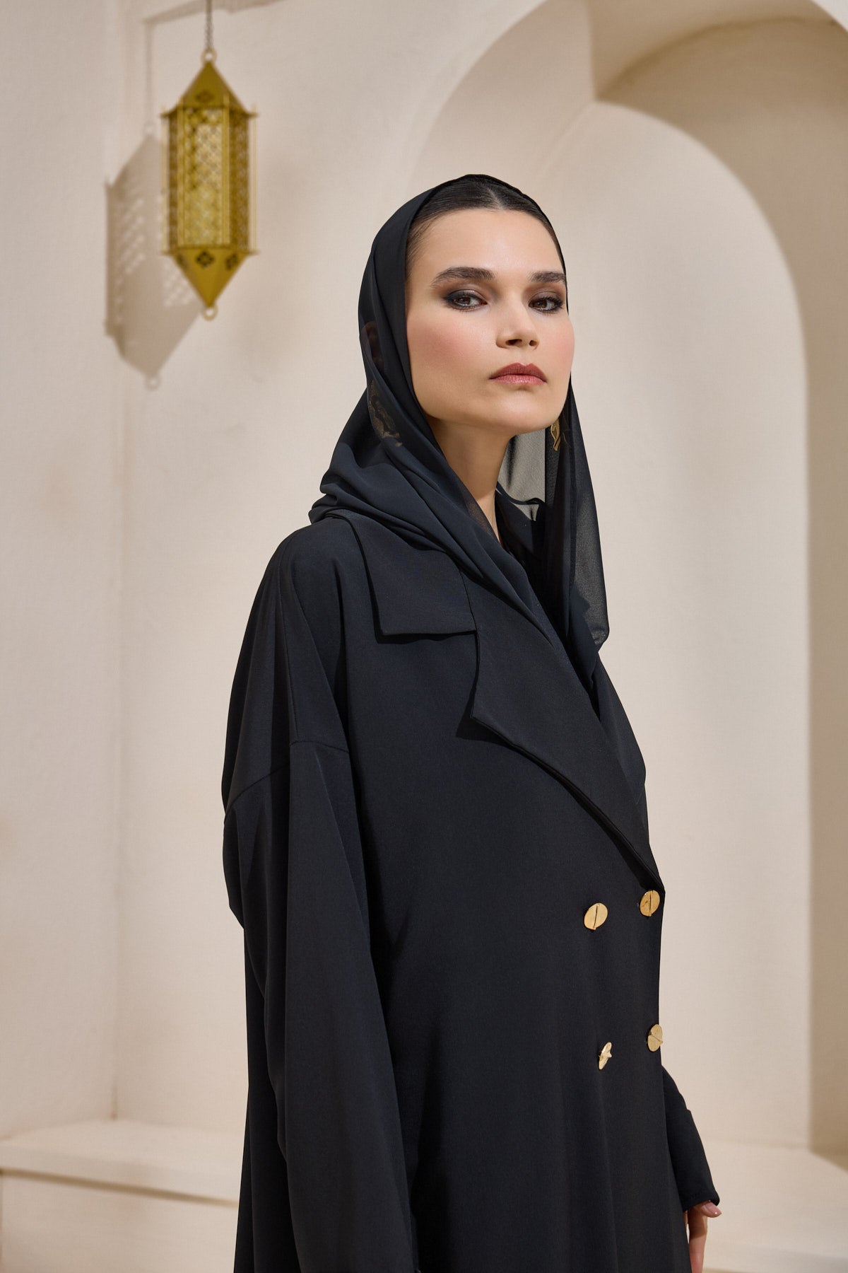 Black Gold Button Detailed Trench Abaya - sonafey