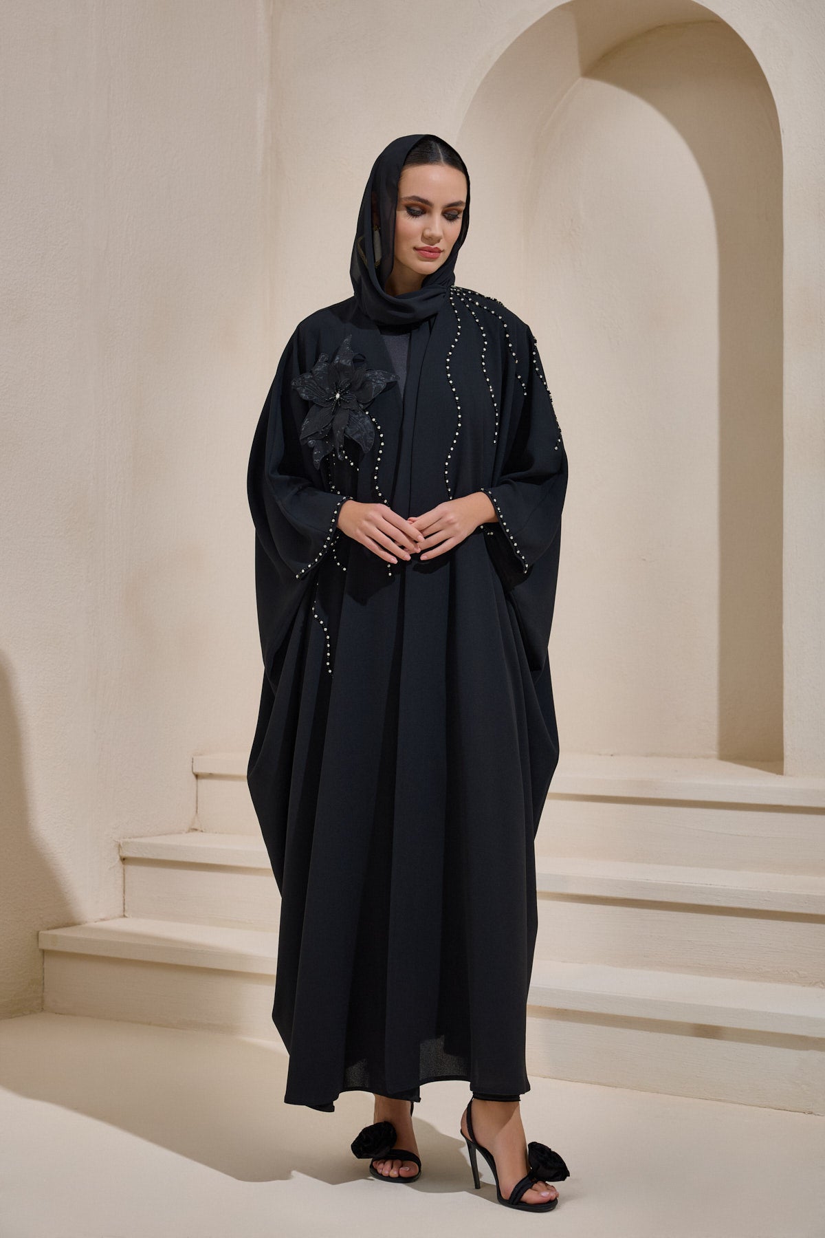 Black Crystal Embellished Flower Abaya - sonafey