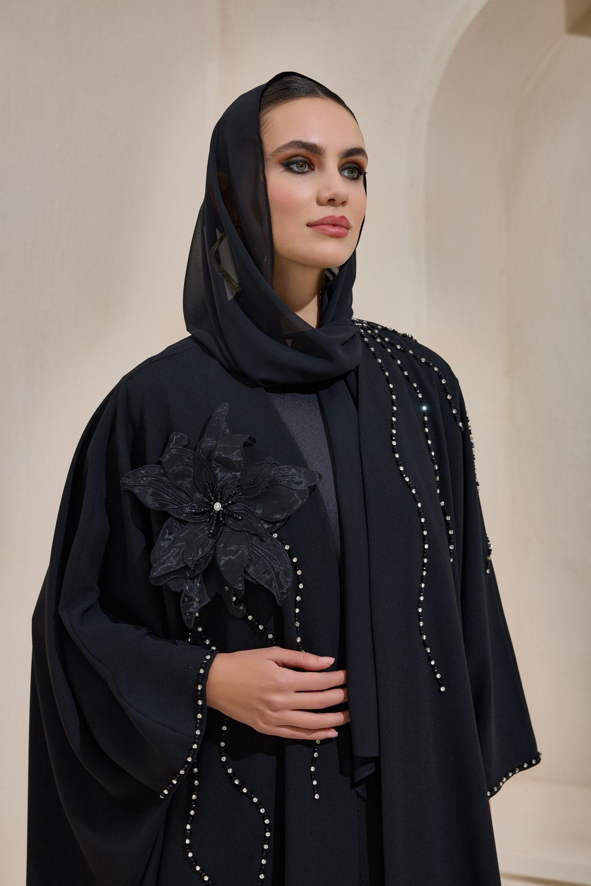 Black Crystal Embellished Flower Abaya - sonafey