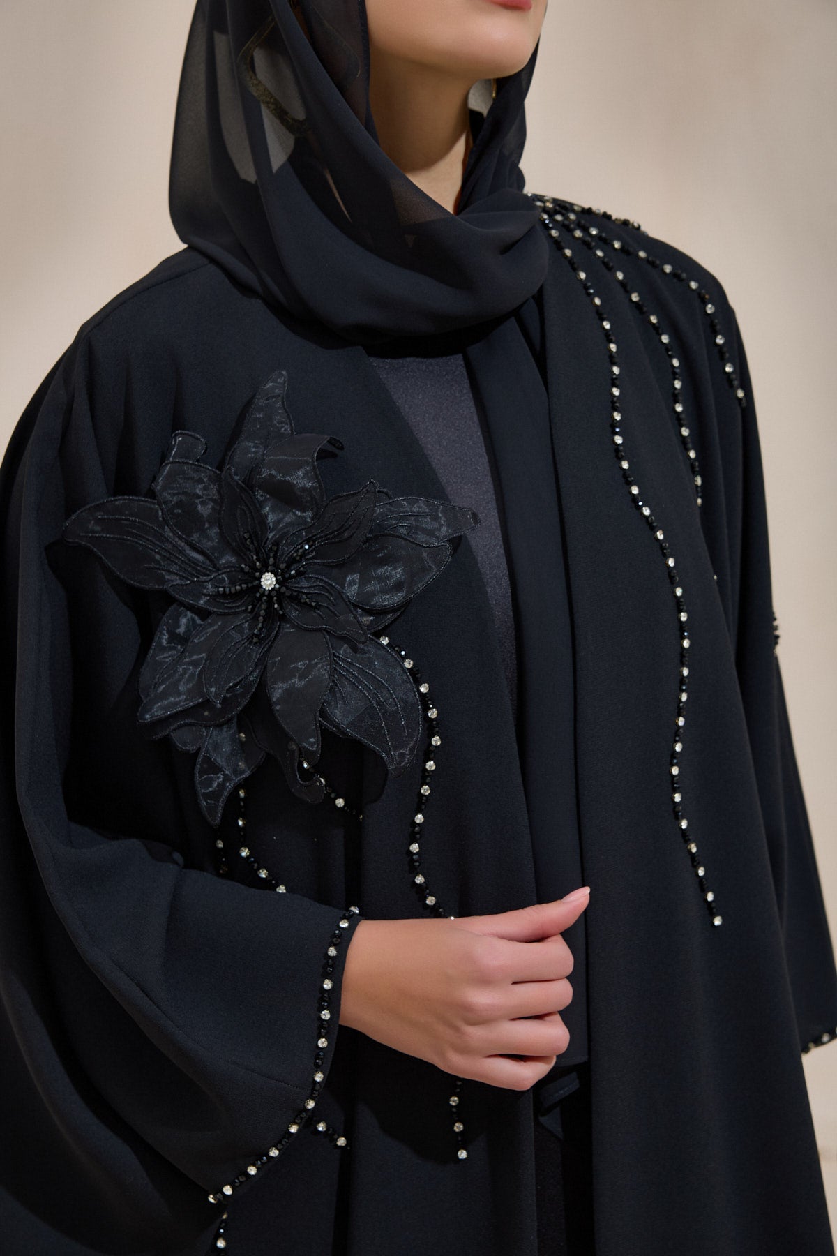 Black Crystal Embellished Flower Abaya - sonafey