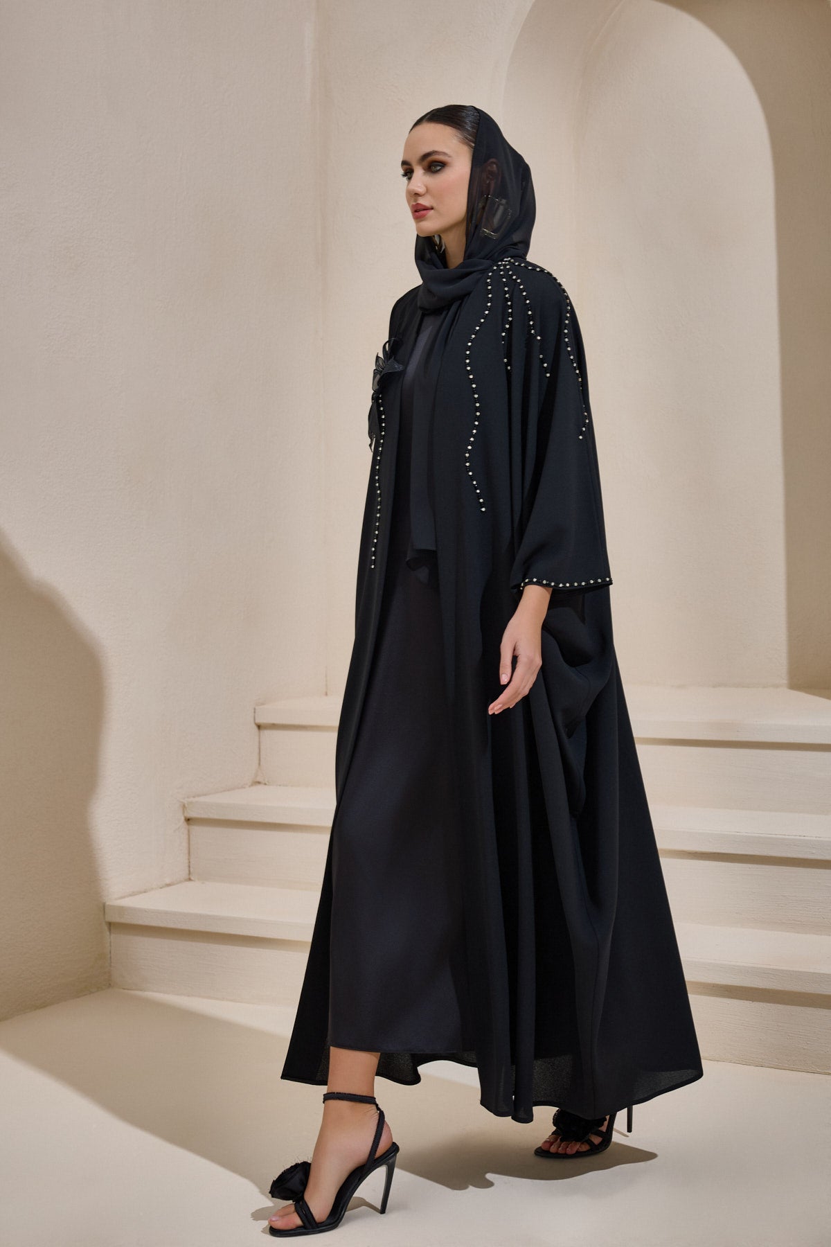 Black Crystal Embellished Flower Abaya - sonafey