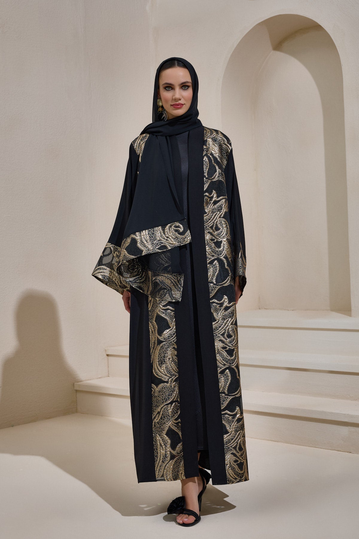 Black Gold Brocade Abaya Set with Shawl - sonafey