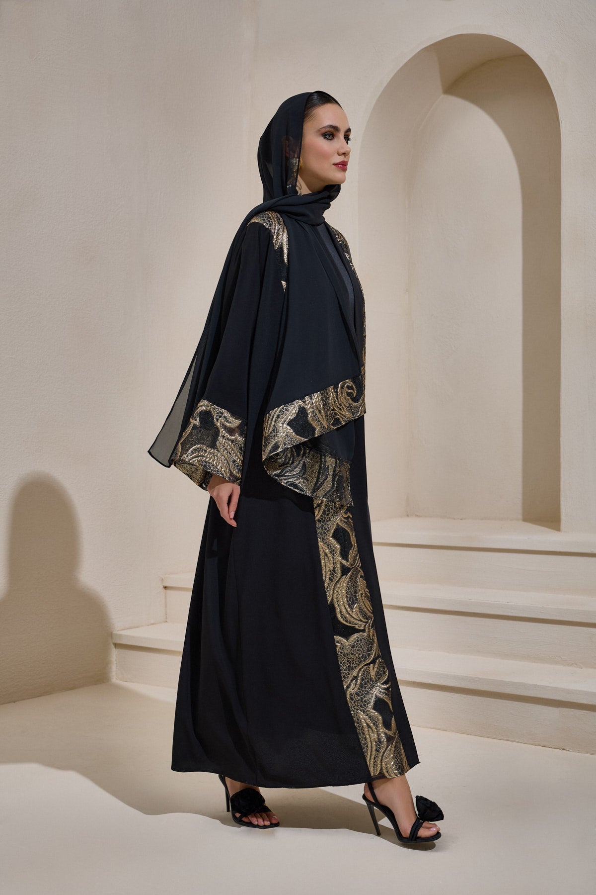 Black Gold Brocade Abaya Set with Shawl - sonafey