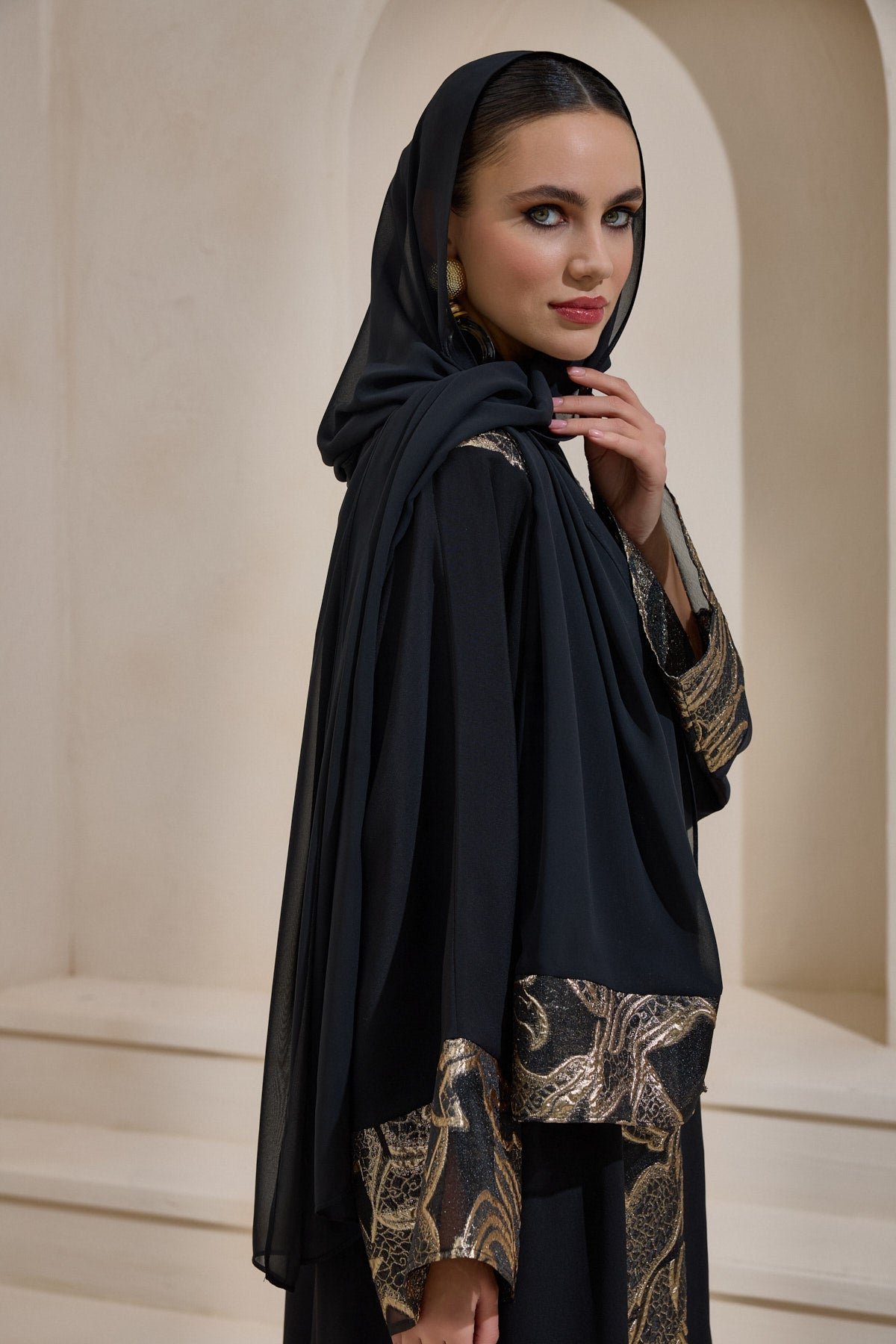 Black Gold Brocade Abaya Set with Shawl - sonafey