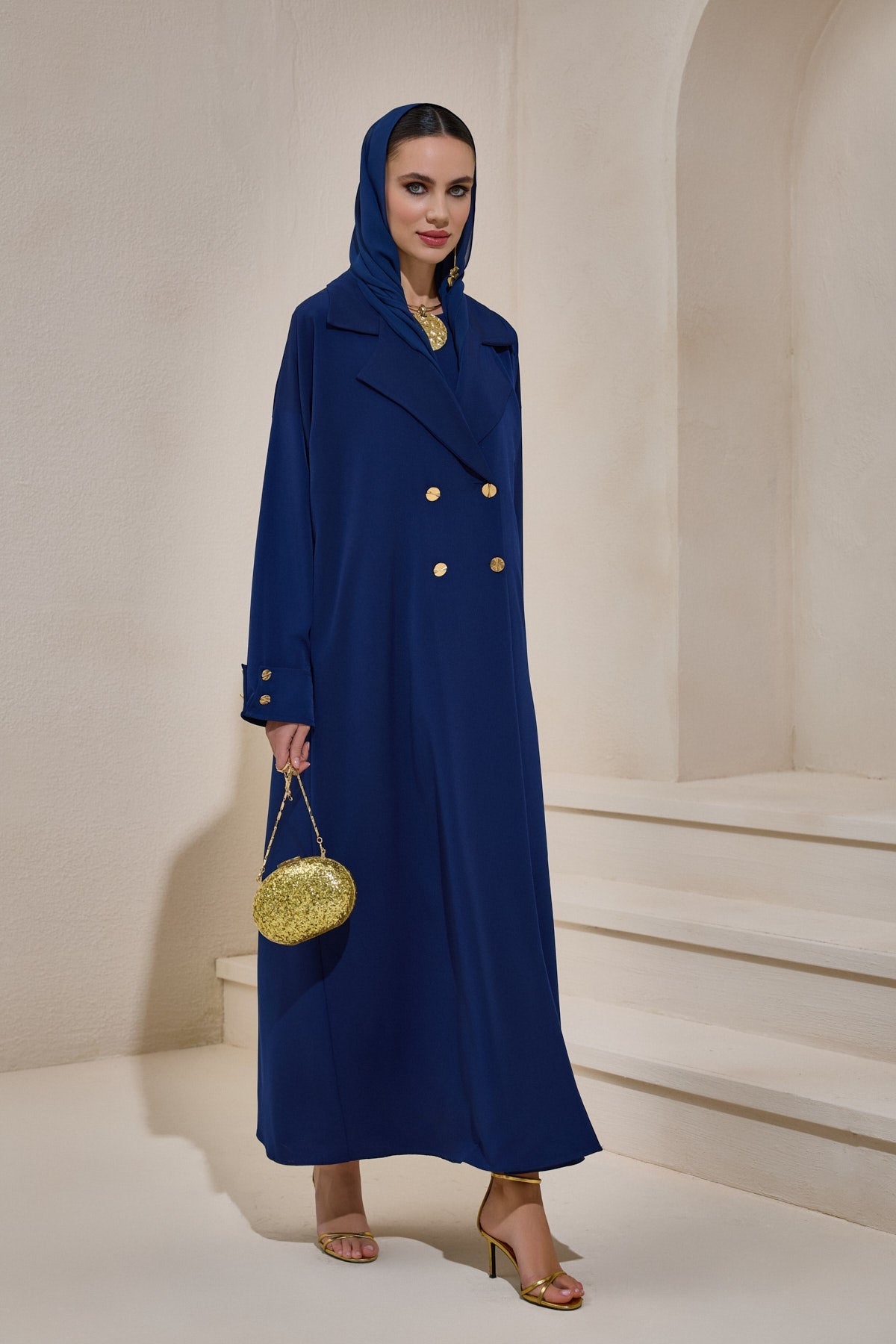 Navy Blue Gold Button Detailed Trench Abaya - sonafey