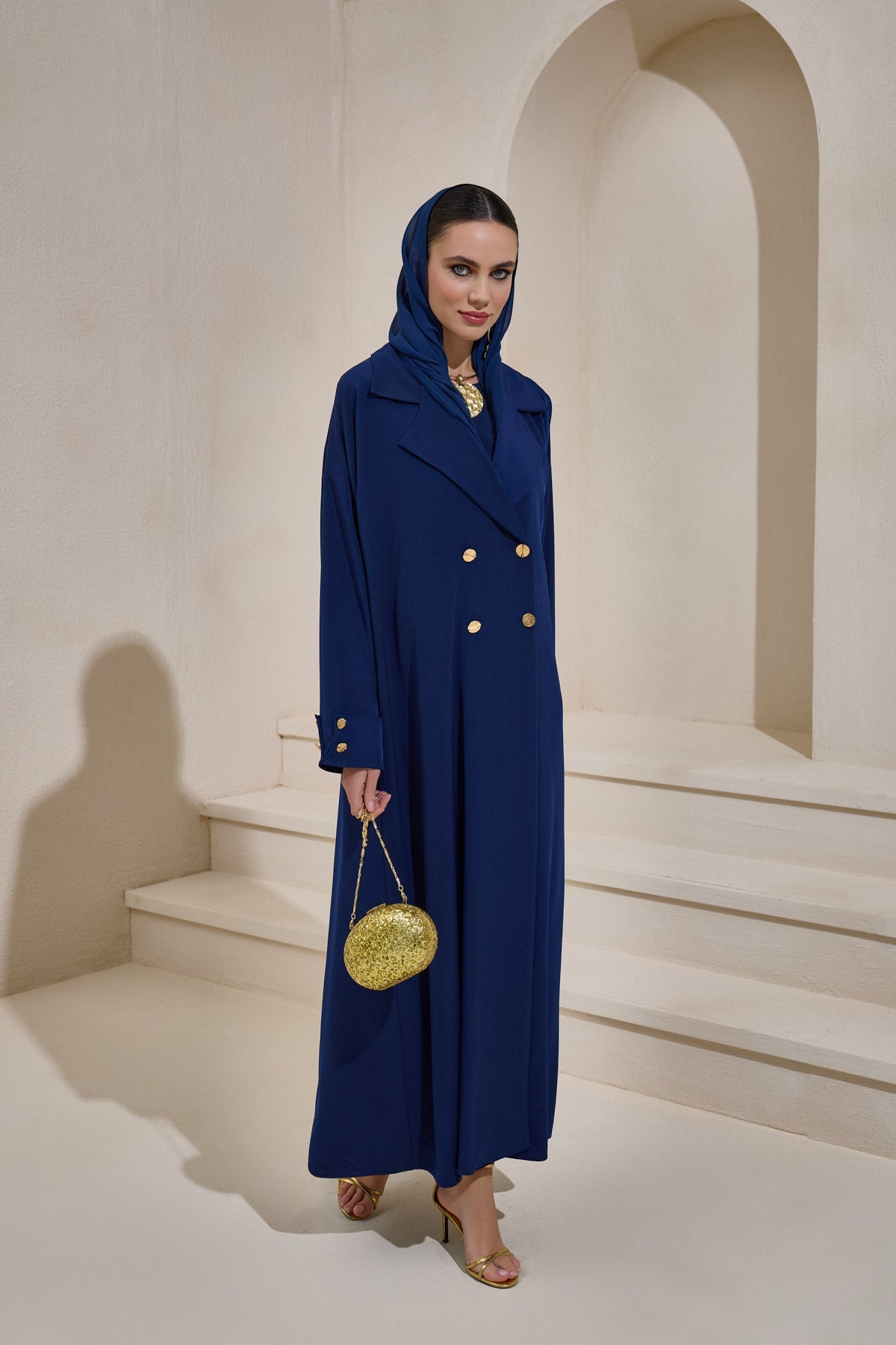 Navy Blue Gold Button Detailed Trench Abaya - sonafey