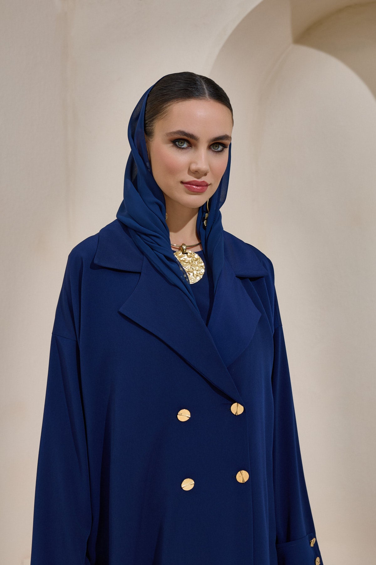 Navy Blue Gold Button Detailed Trench Abaya - sonafey