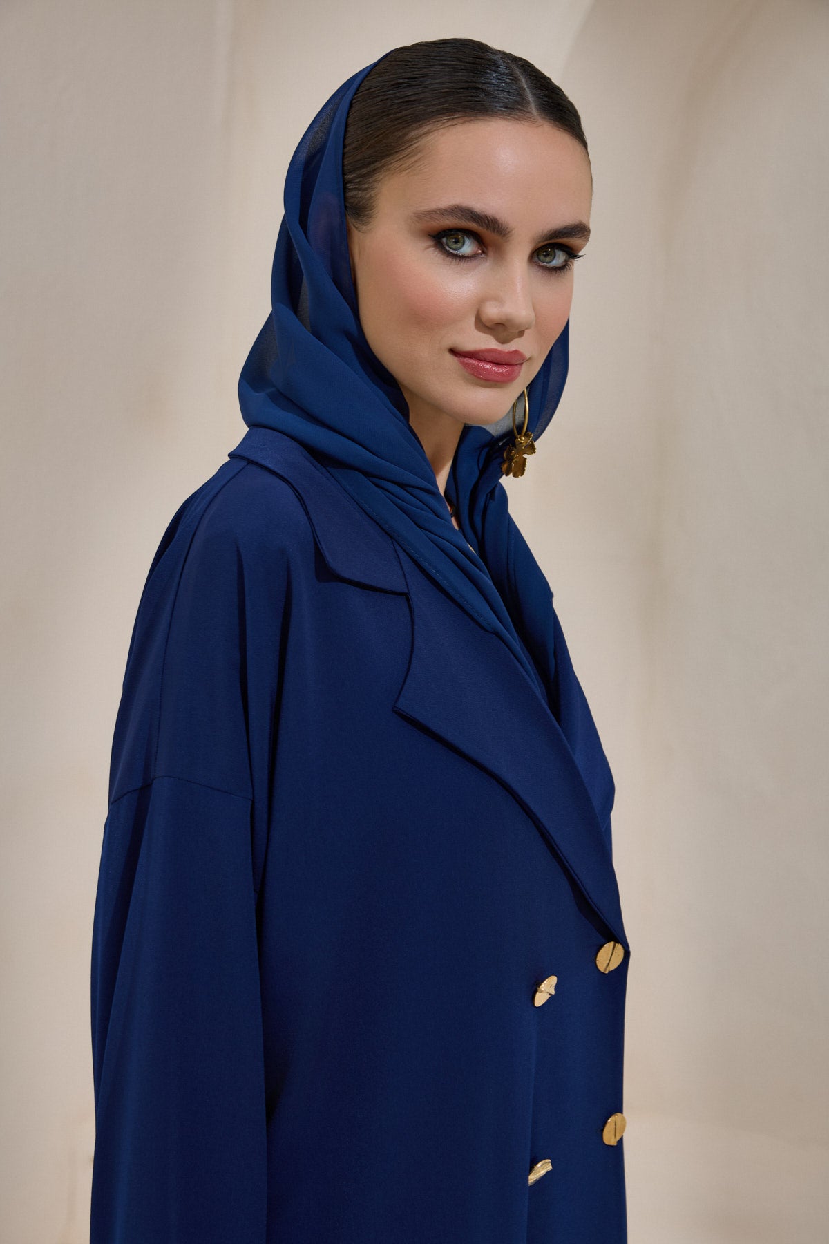 Navy Blue Gold Button Detailed Trench Abaya - sonafey