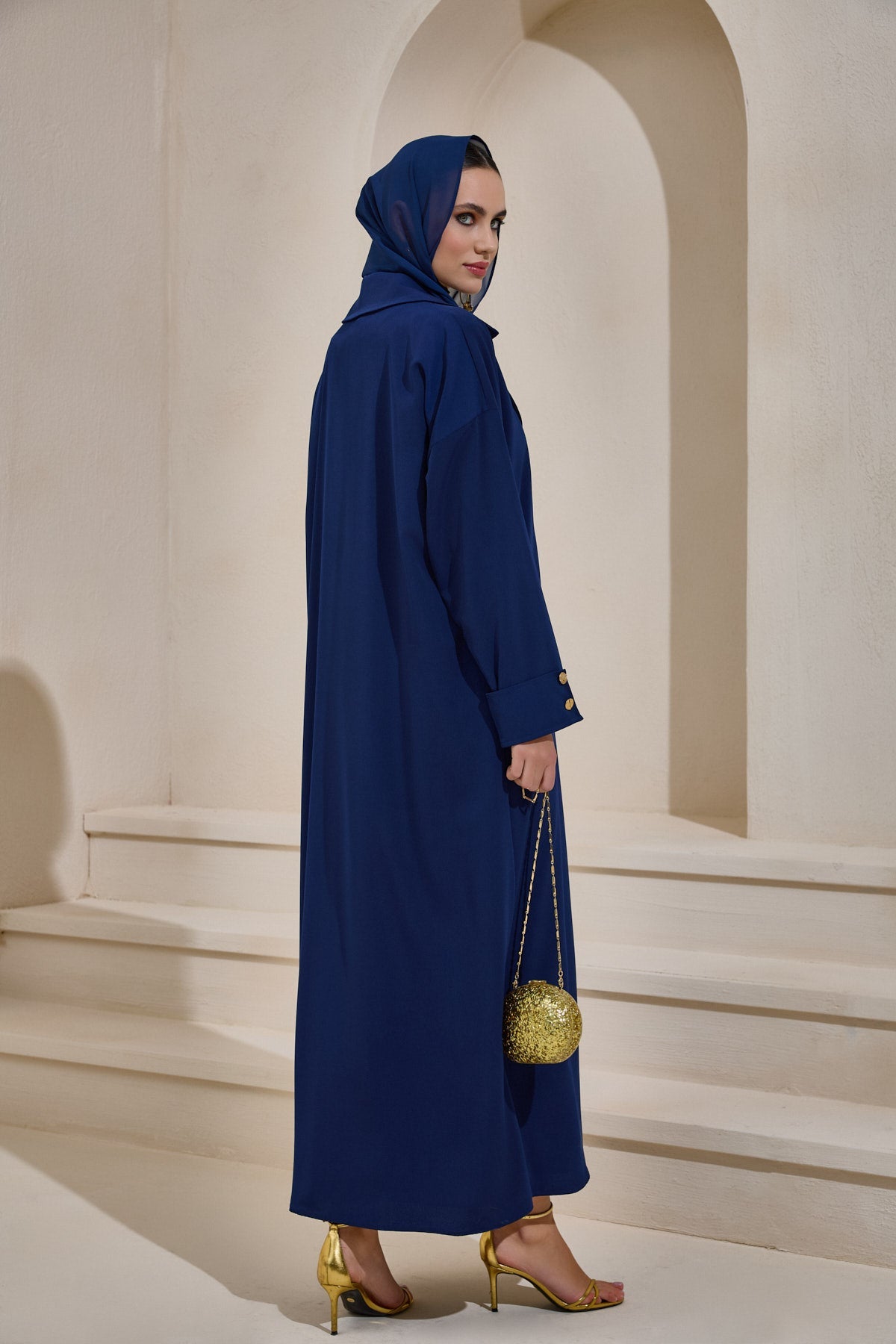 Navy Blue Gold Button Detailed Trench Abaya - sonafey