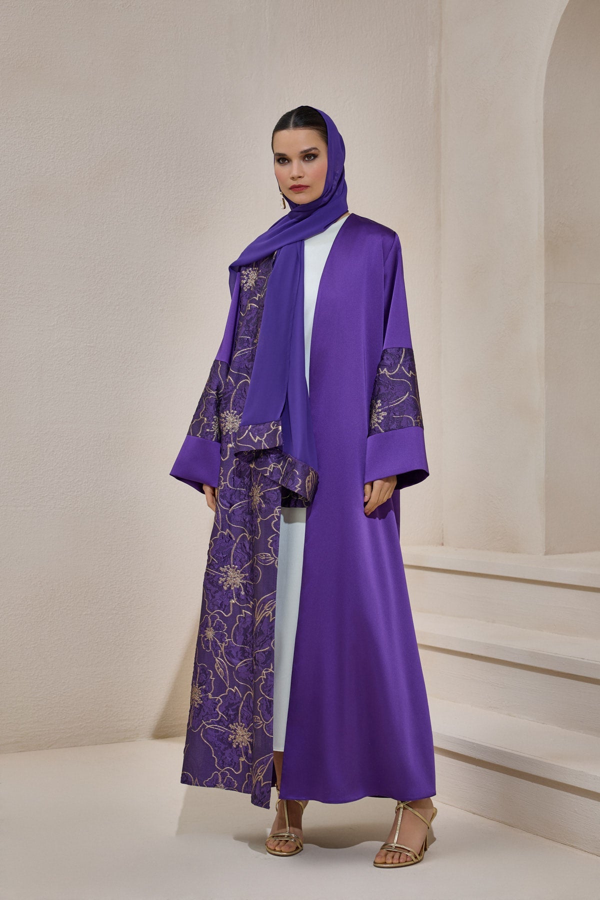 Gold Brocade Purple Abaya Set with Shawl - sonafey