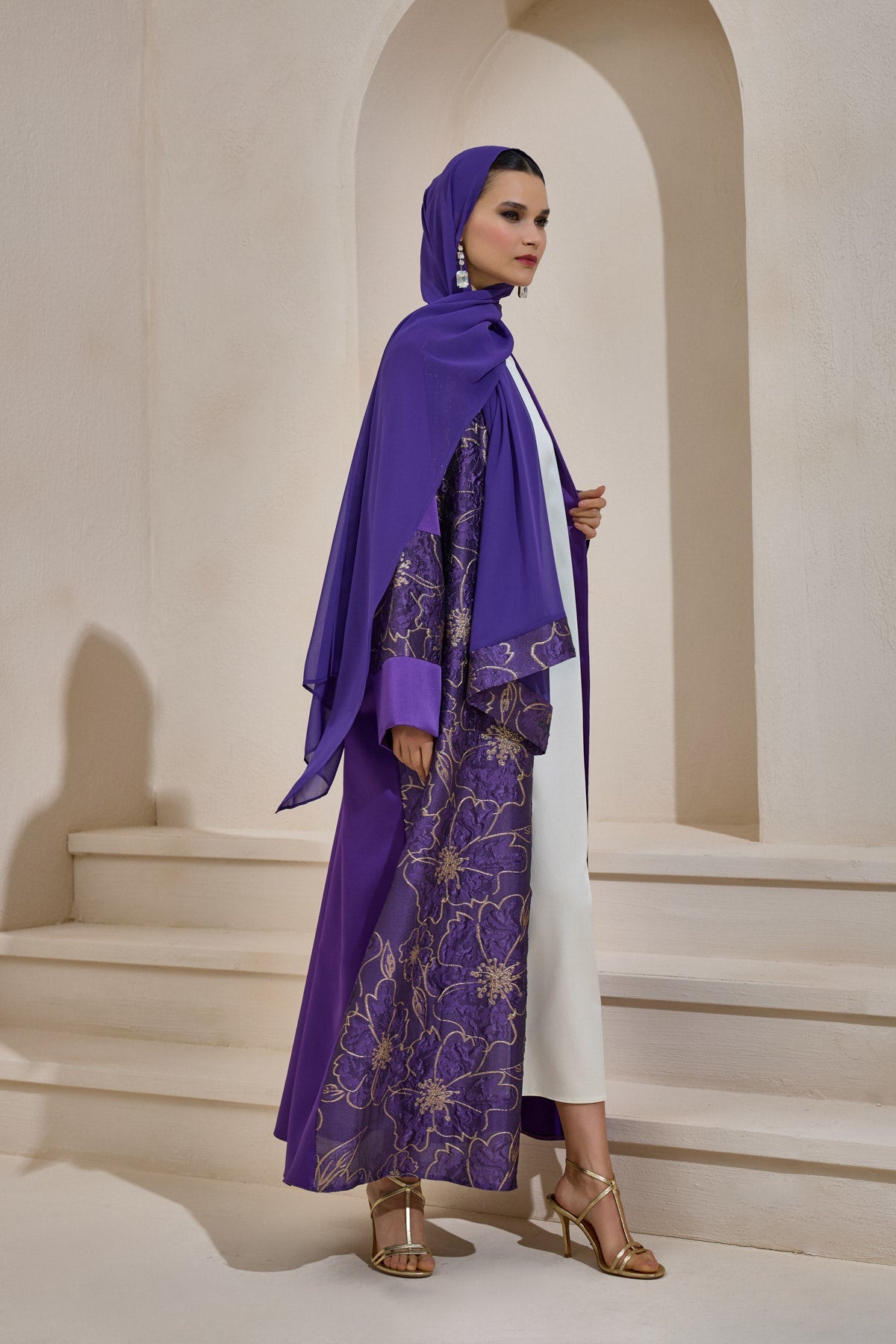 Gold Brocade Purple Abaya Set with Shawl - sonafey