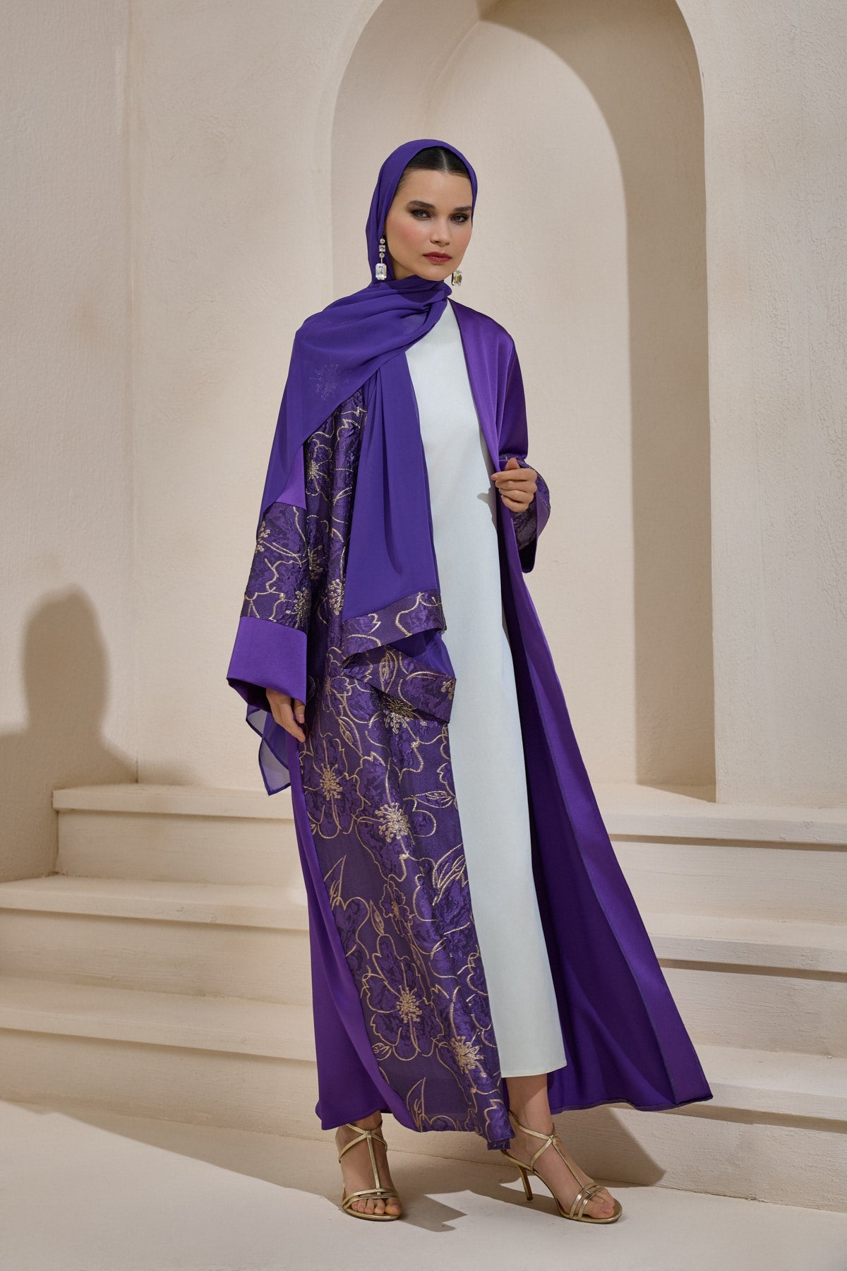 Gold Brocade Purple Abaya Set with Shawl - sonafey