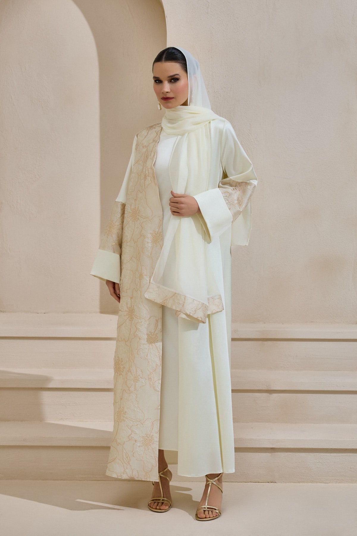 Gold Brocade Cream Abaya Set with Shawl - sonafey