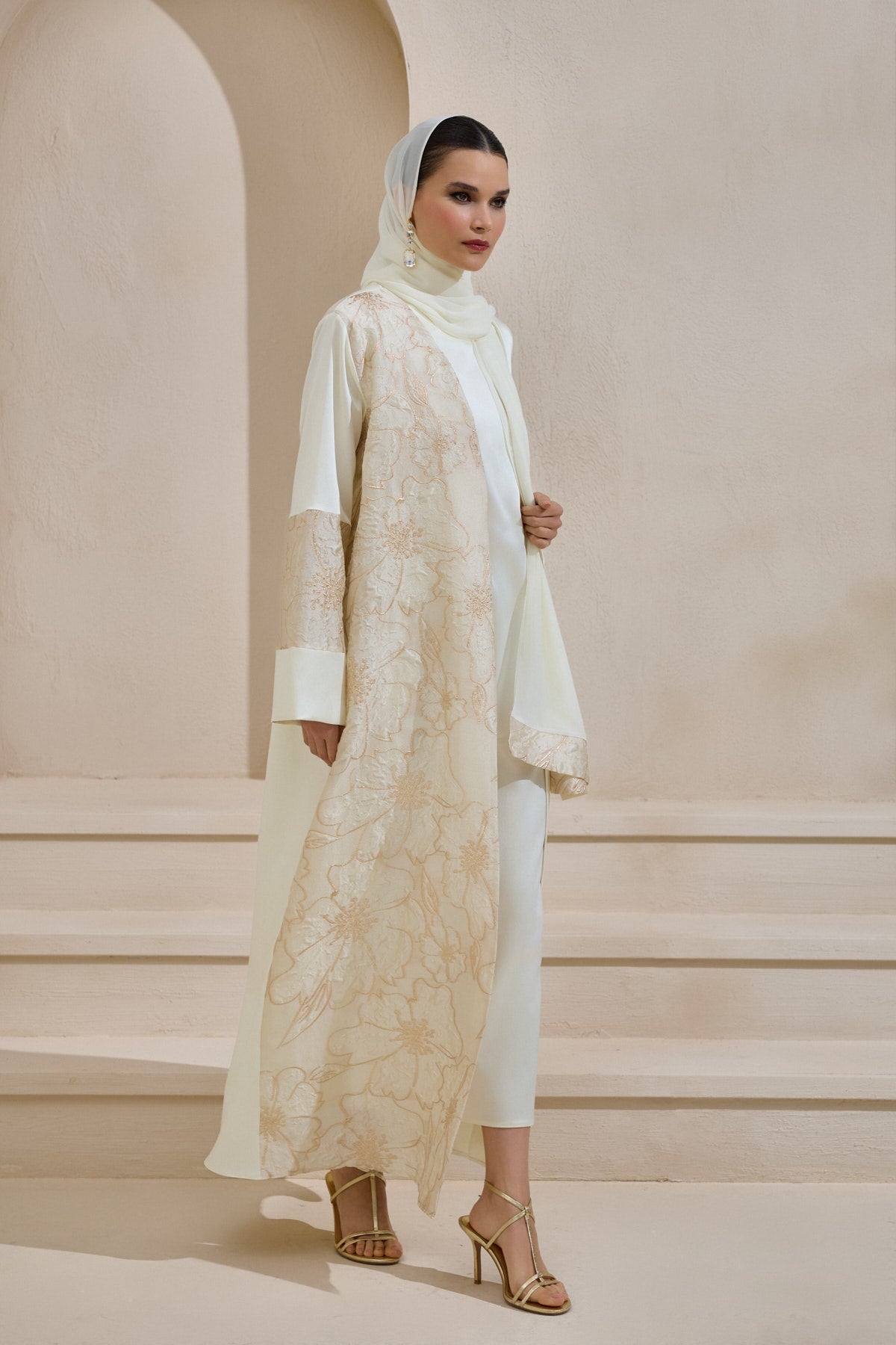 Gold Brocade Cream Abaya Set with Shawl - sonafey