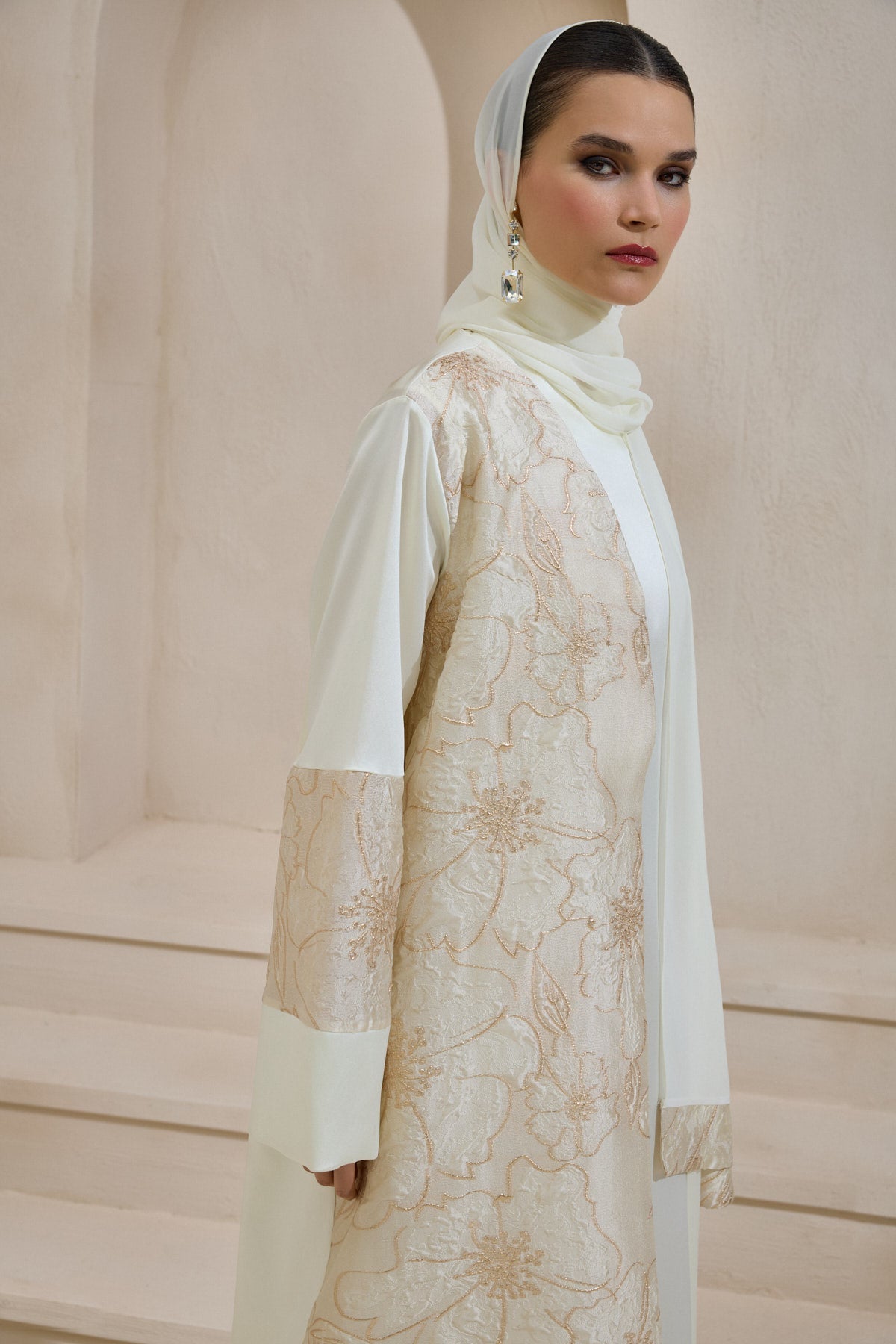 Gold Brocade Cream Abaya Set with Shawl - sonafey