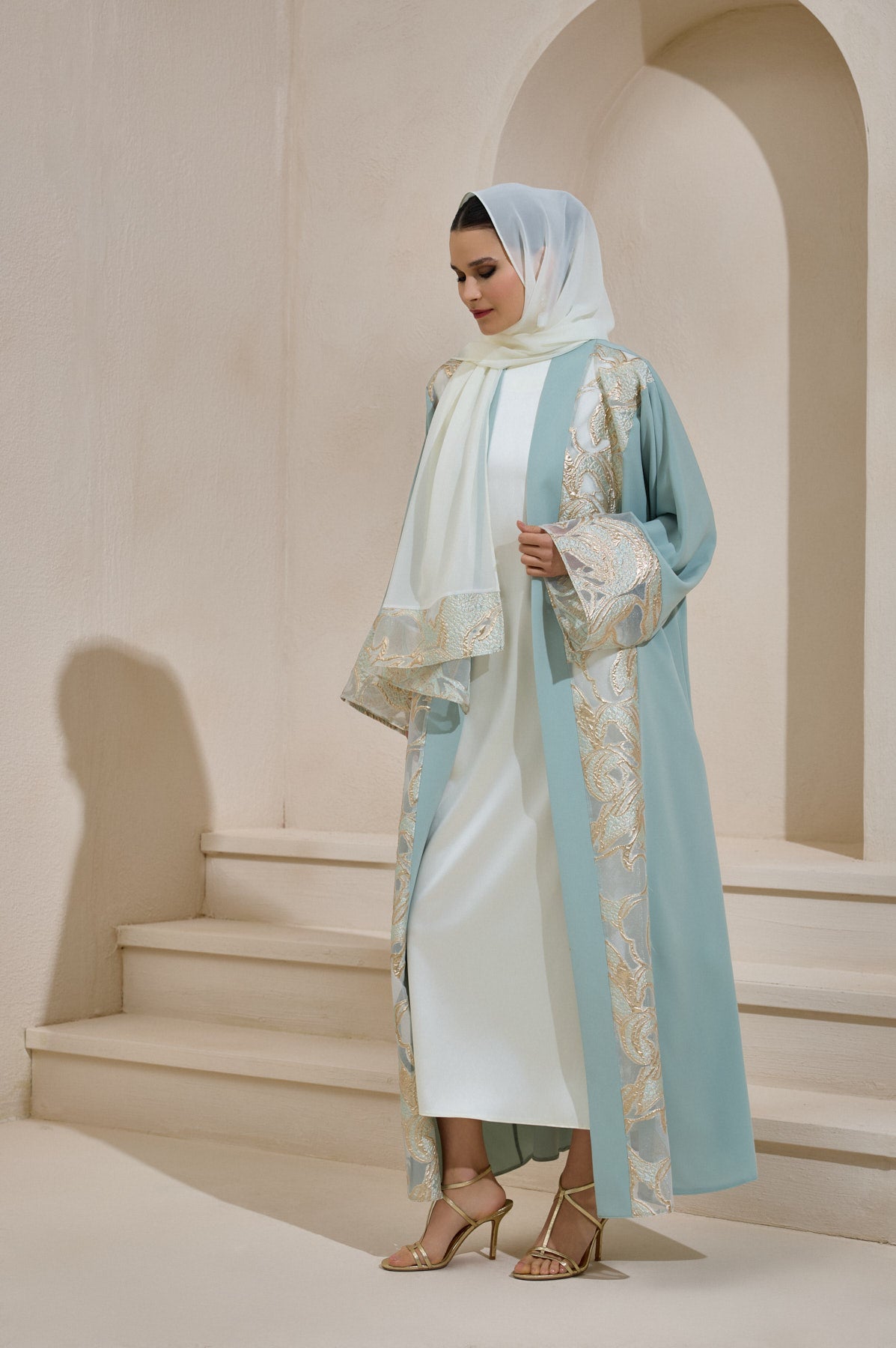 Mint Gold Brocade Abaya Set with Shawl - sonafey