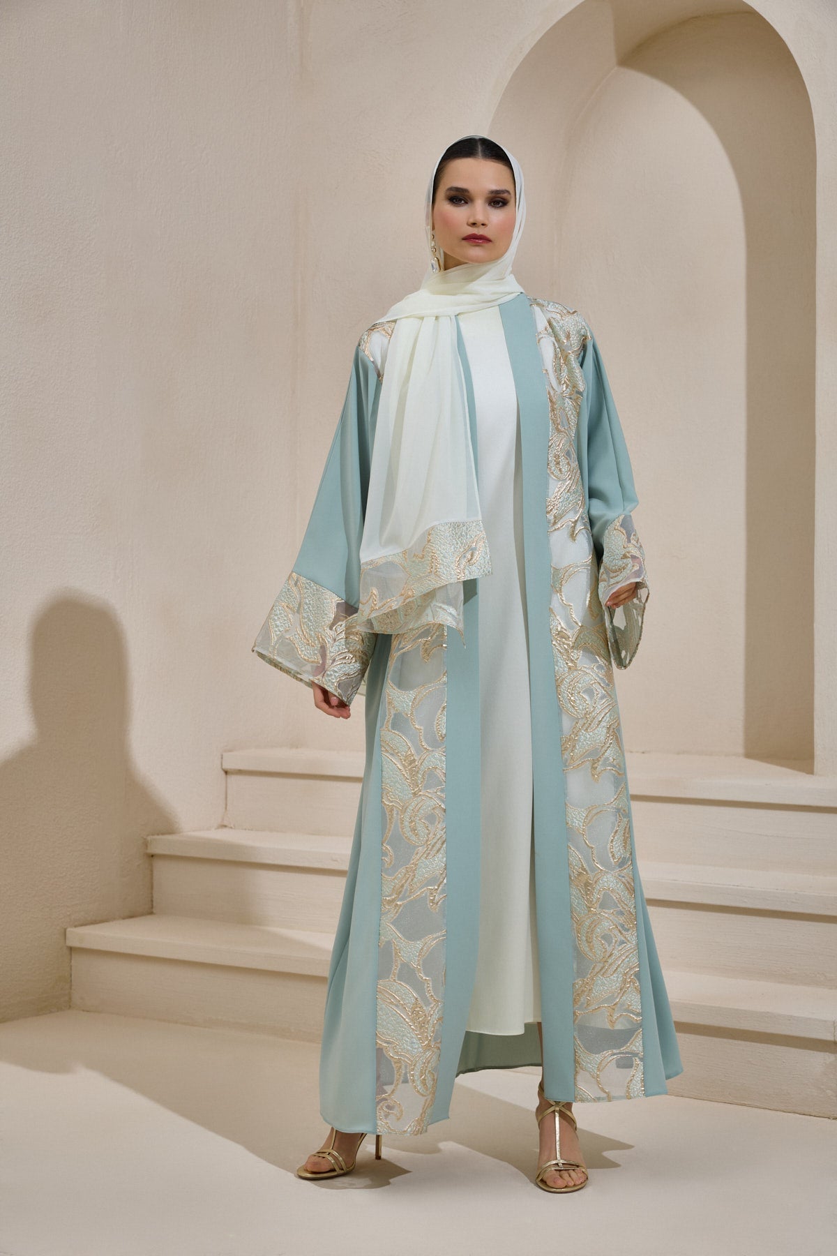 Mint Gold Brocade Abaya Set with Shawl - sonafey