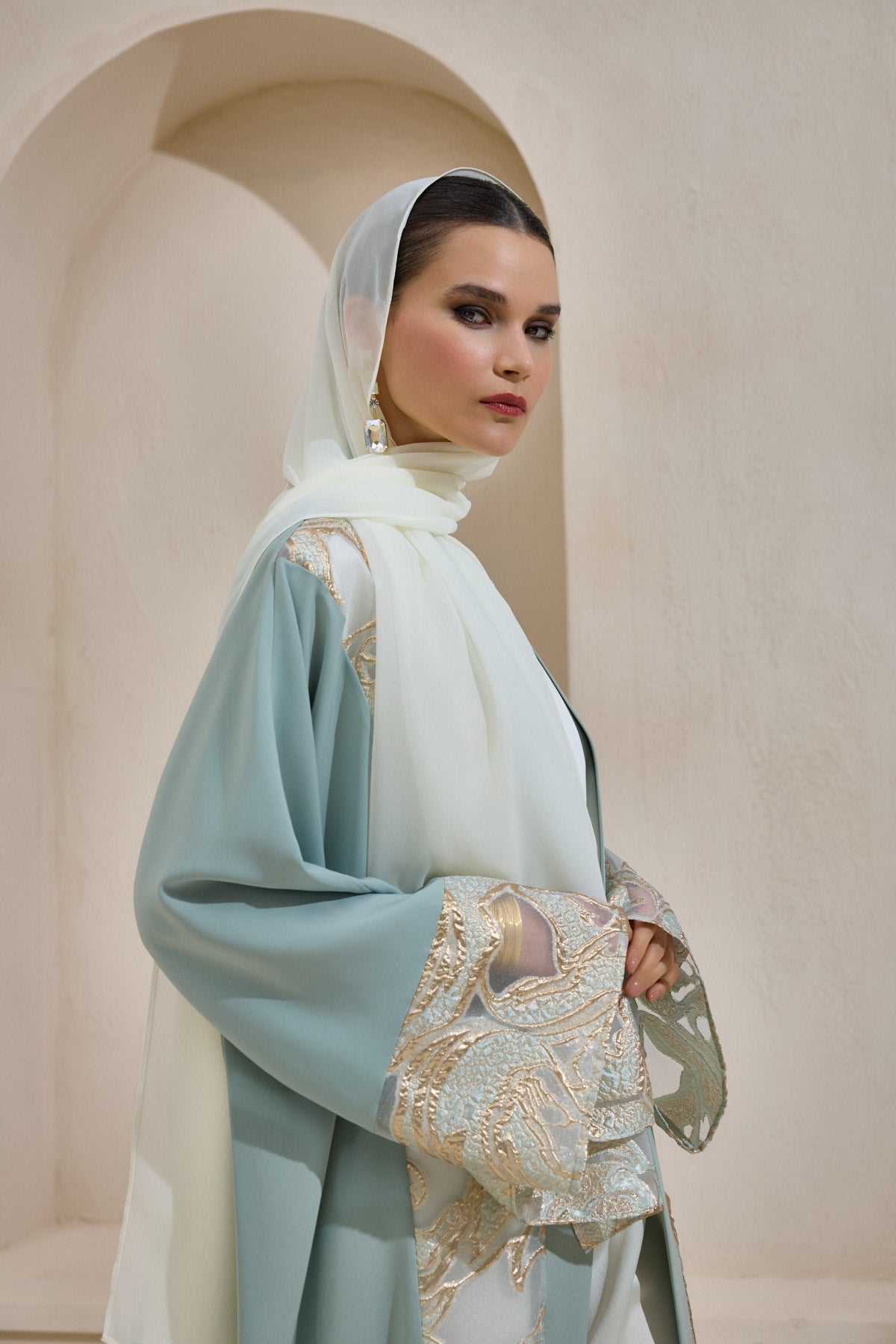 Mint Gold Brocade Abaya Set with Shawl - sonafey