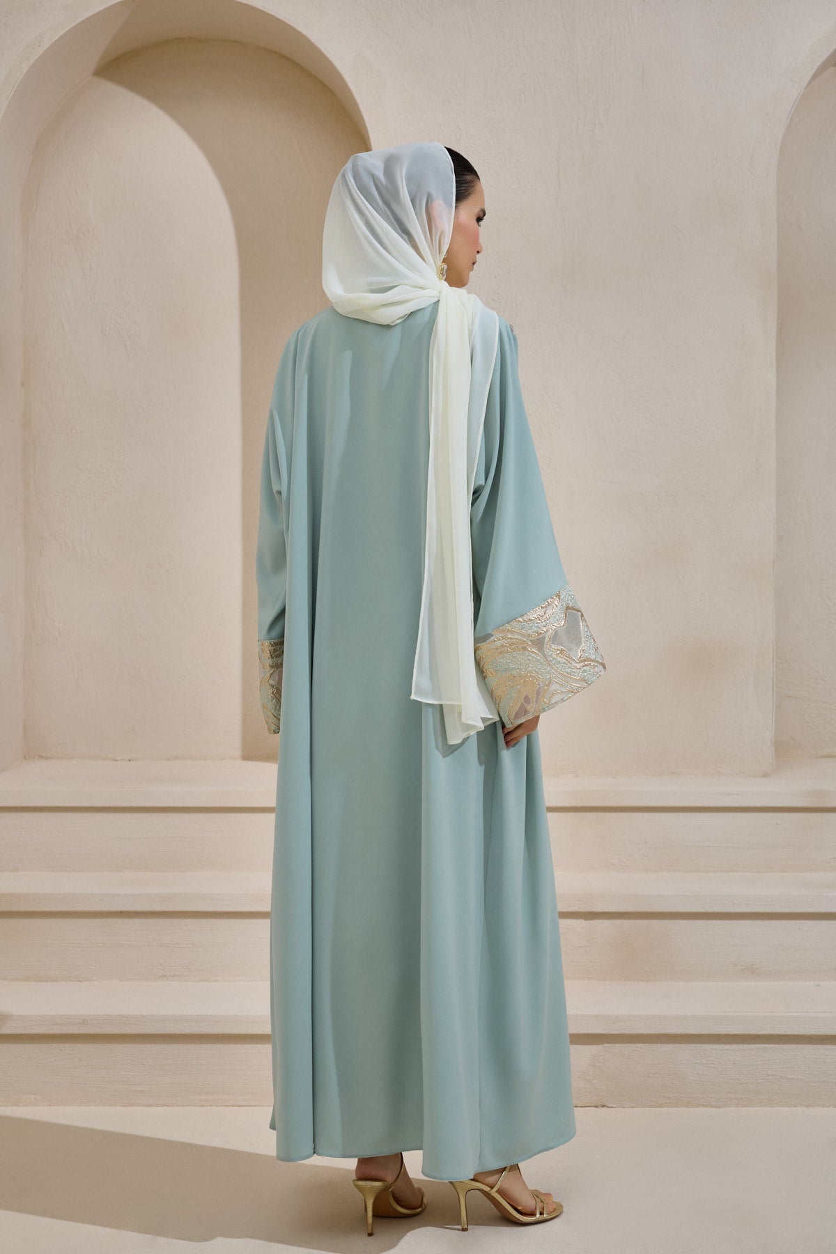 Mint Gold Brocade Abaya Set with Shawl - sonafey