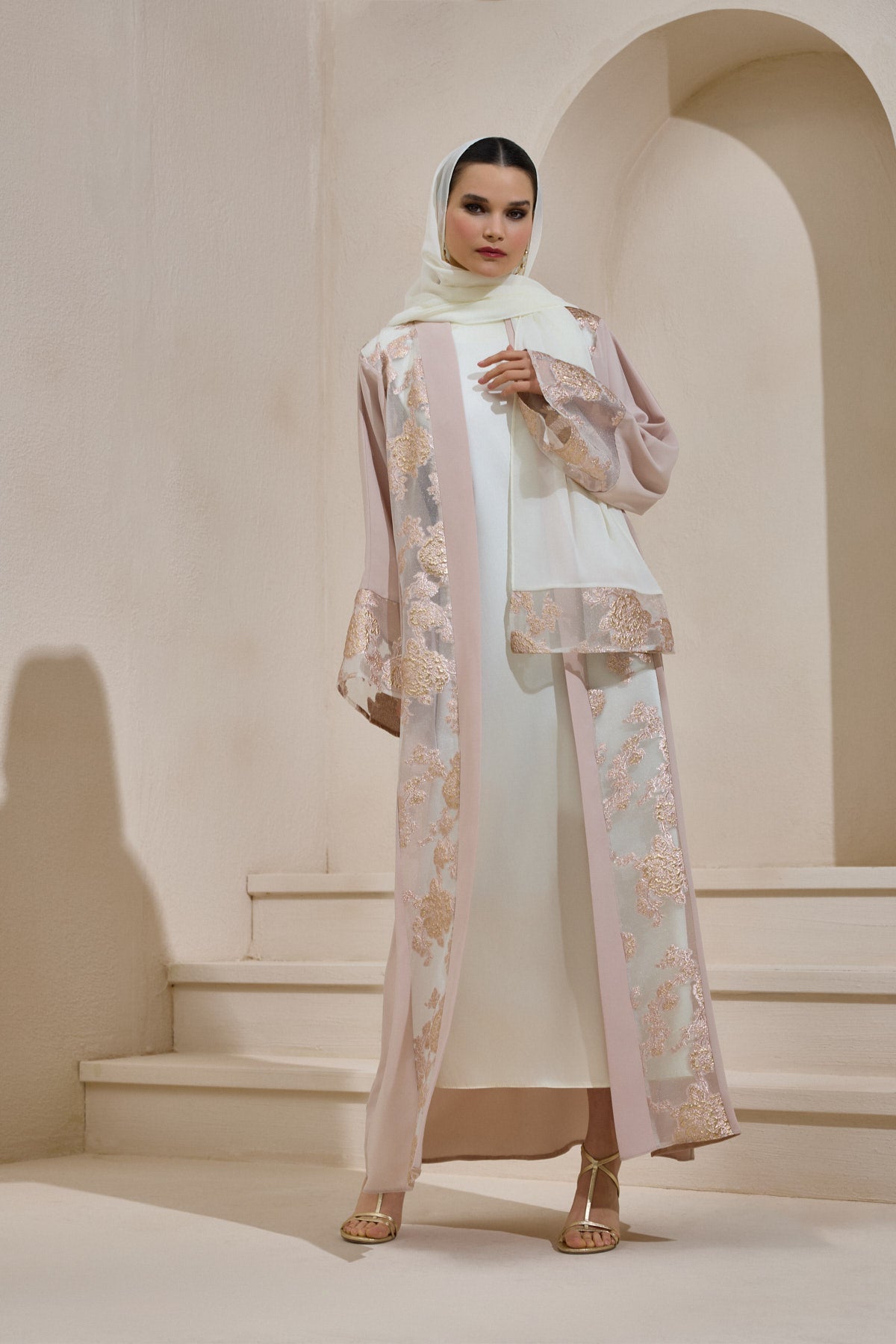 Powder Gold Brocade Abaya Set with Shawl - sonafey