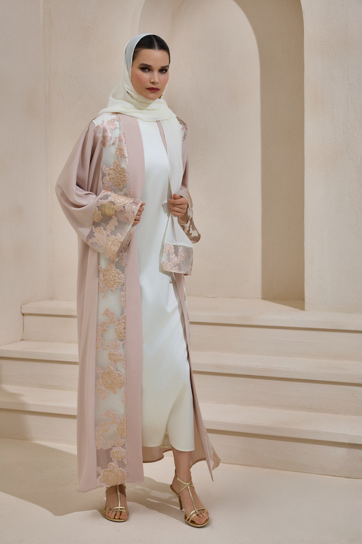 Powder Gold Brocade Abaya Set with Shawl - sonafey