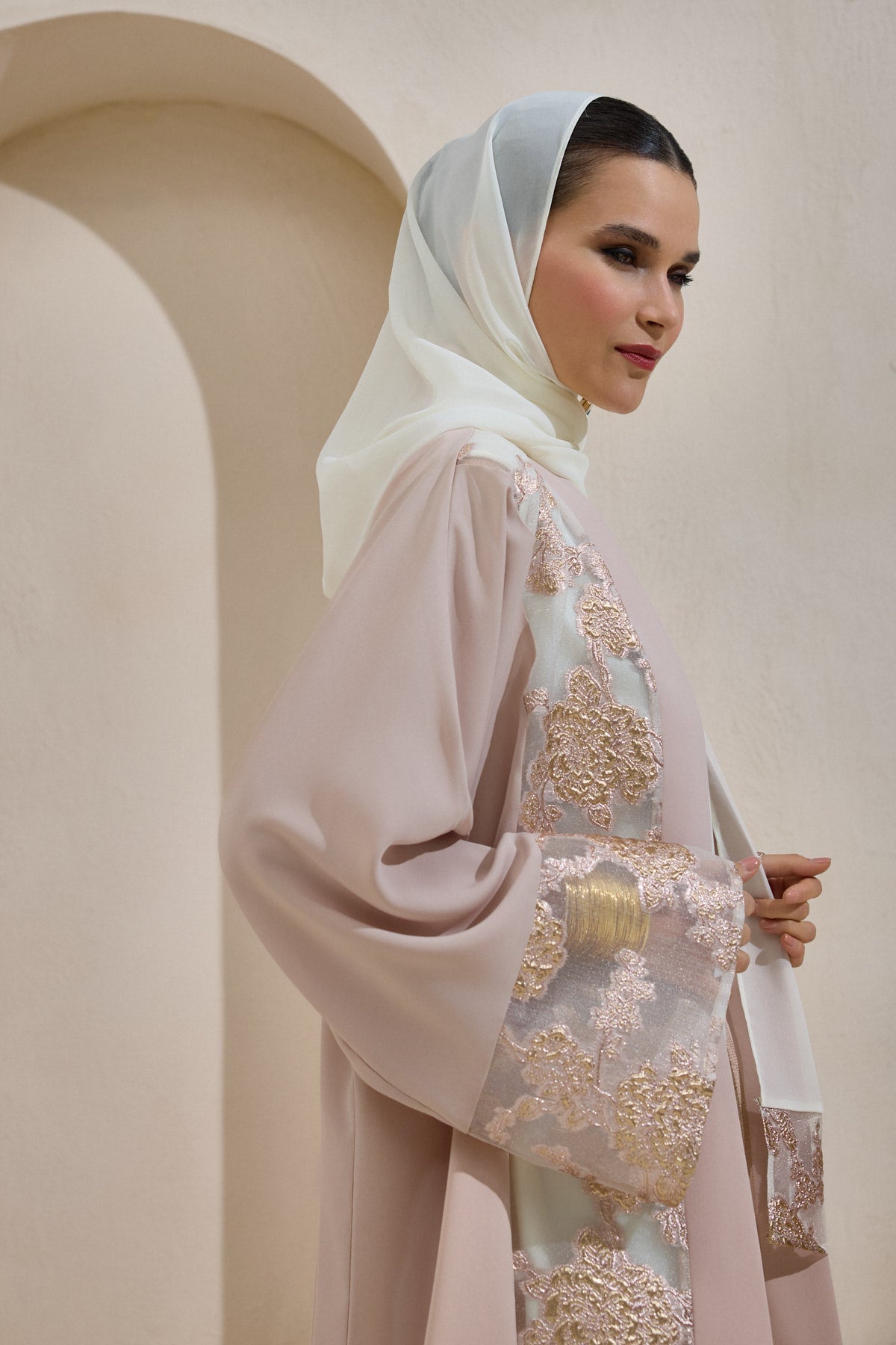 Powder Gold Brocade Abaya Set with Shawl - sonafey