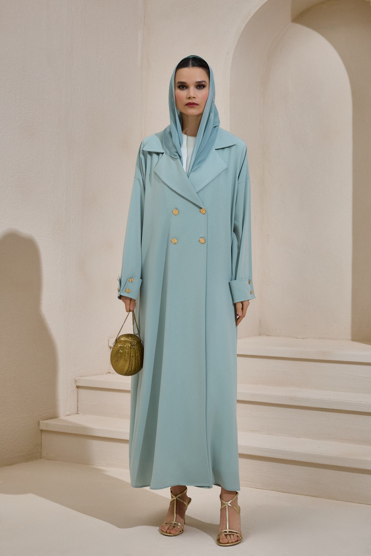 Mint Green Gold Button Detailed Trench Abaya - sonafey