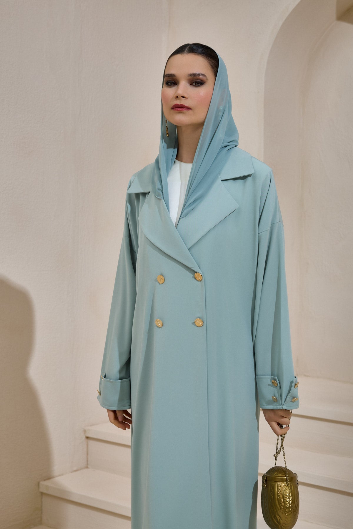 Mint Green Gold Button Detailed Trench Abaya - sonafey