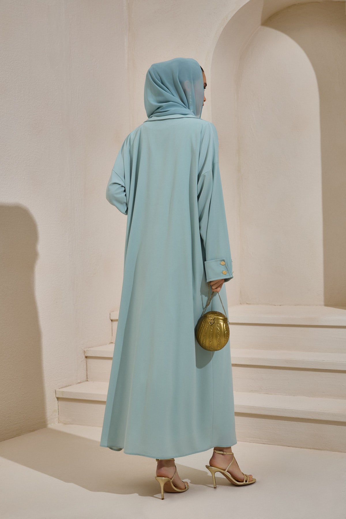 Mint Green Gold Button Detailed Trench Abaya - sonafey