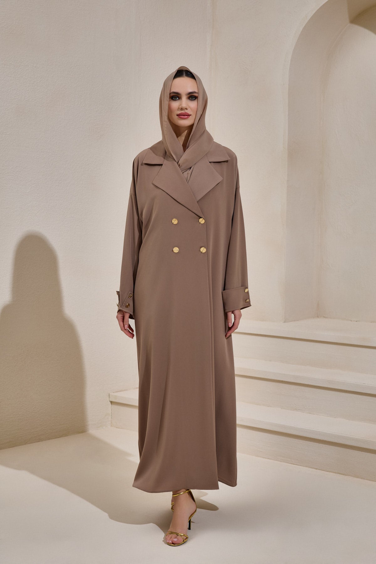 Mink Gold Button Detailed Trench Abaya - sonafey