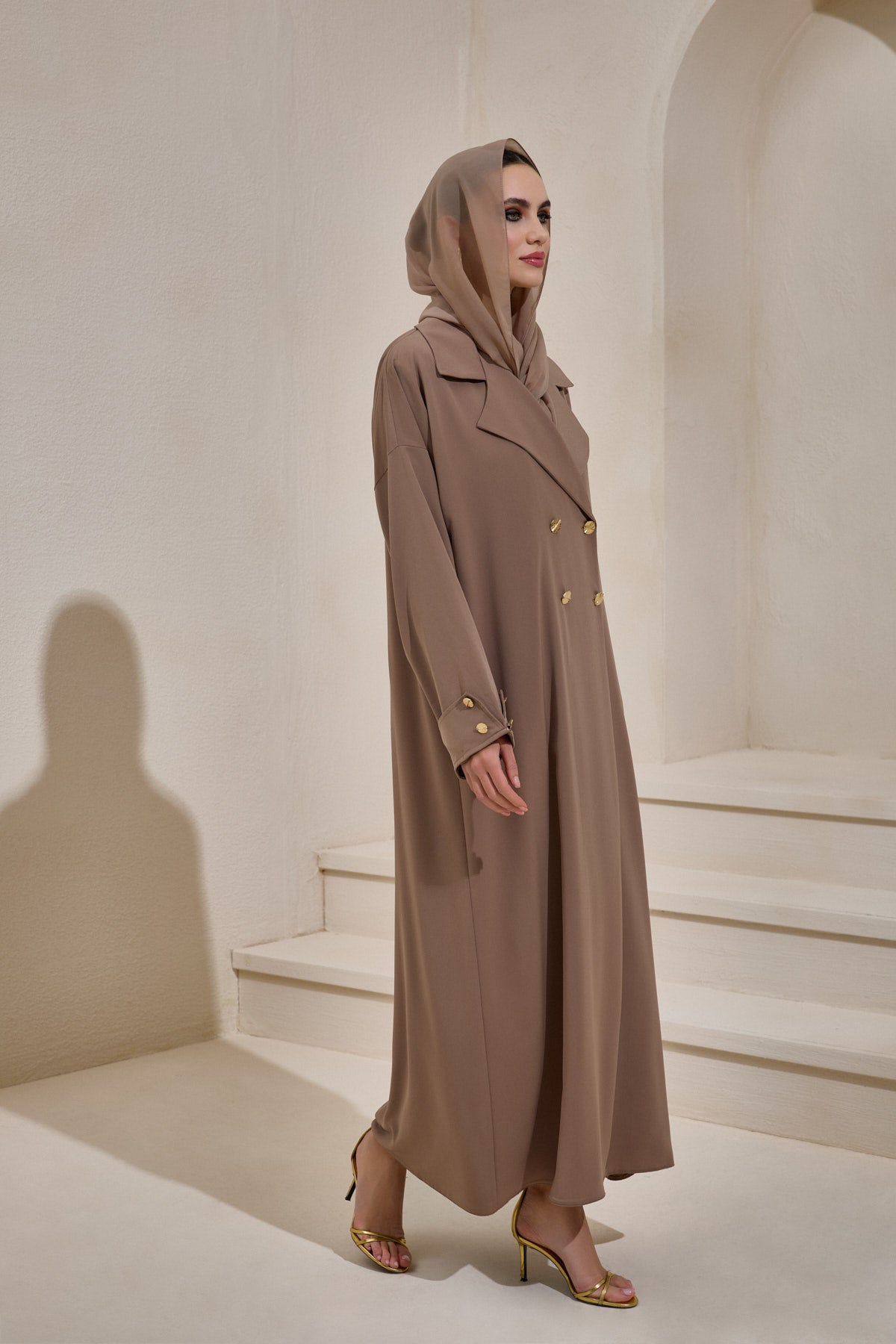 Mink Gold Button Detailed Trench Abaya - sonafey
