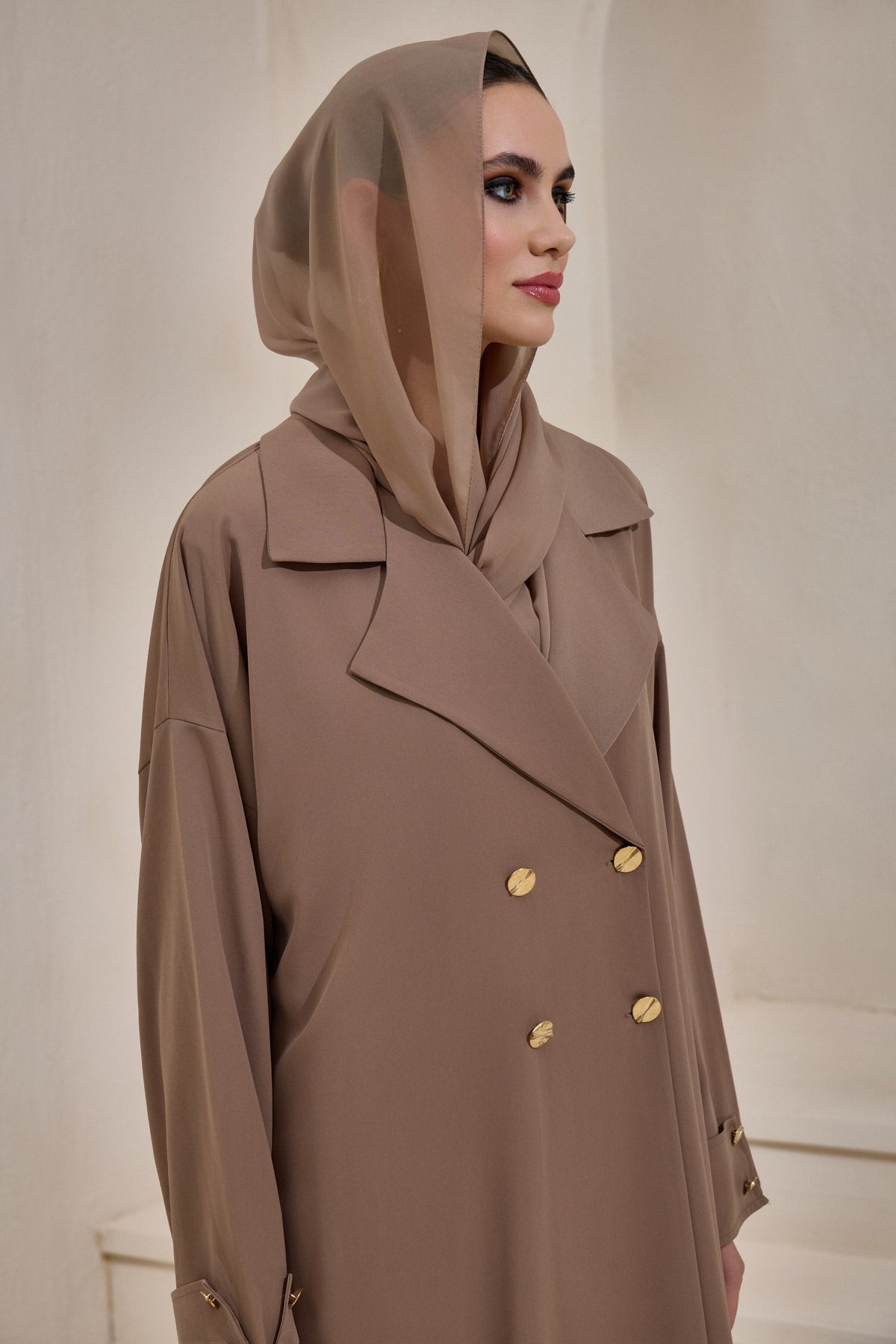 Mink Gold Button Detailed Trench Abaya - sonafey