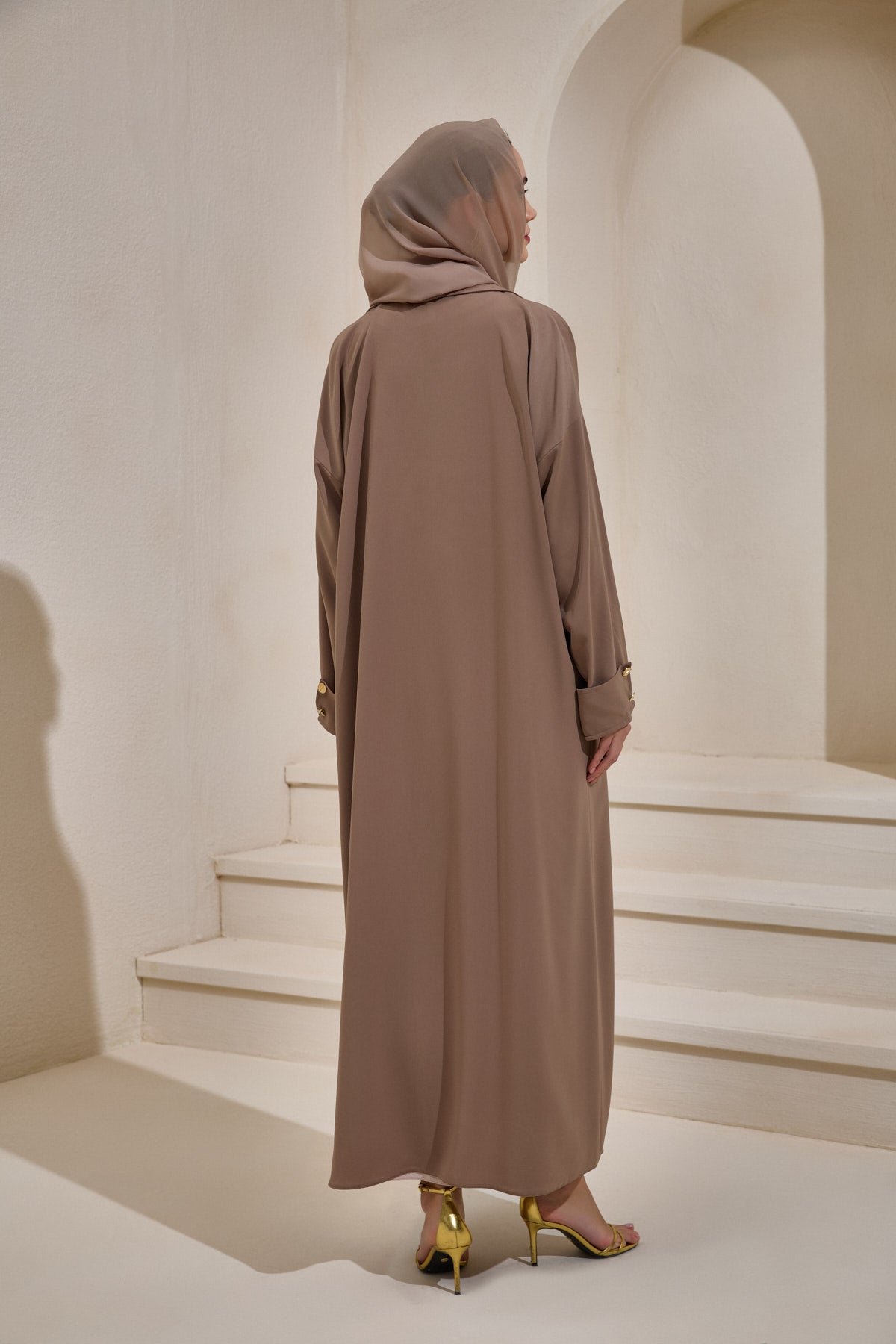 Mink Gold Button Detailed Trench Abaya - sonafey