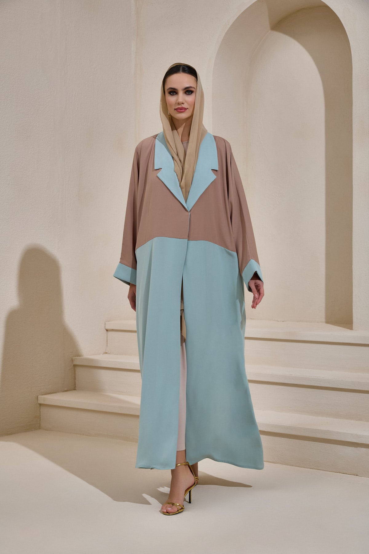 Light Blue and Mink Abaya Set with Shawl - sonafey