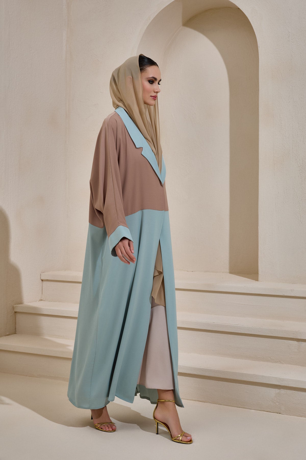 Light Blue and Mink Abaya Set with Shawl - sonafey