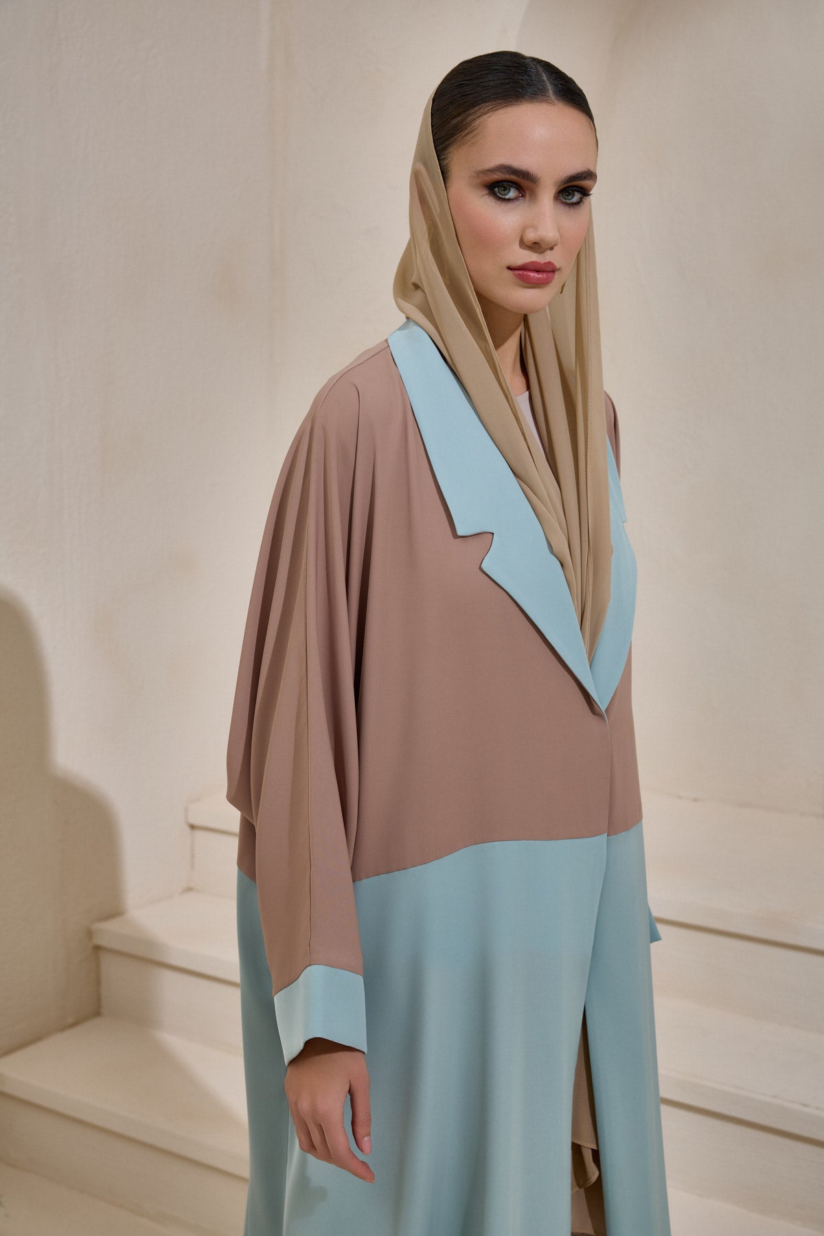 Light Blue and Mink Abaya Set with Shawl - sonafey