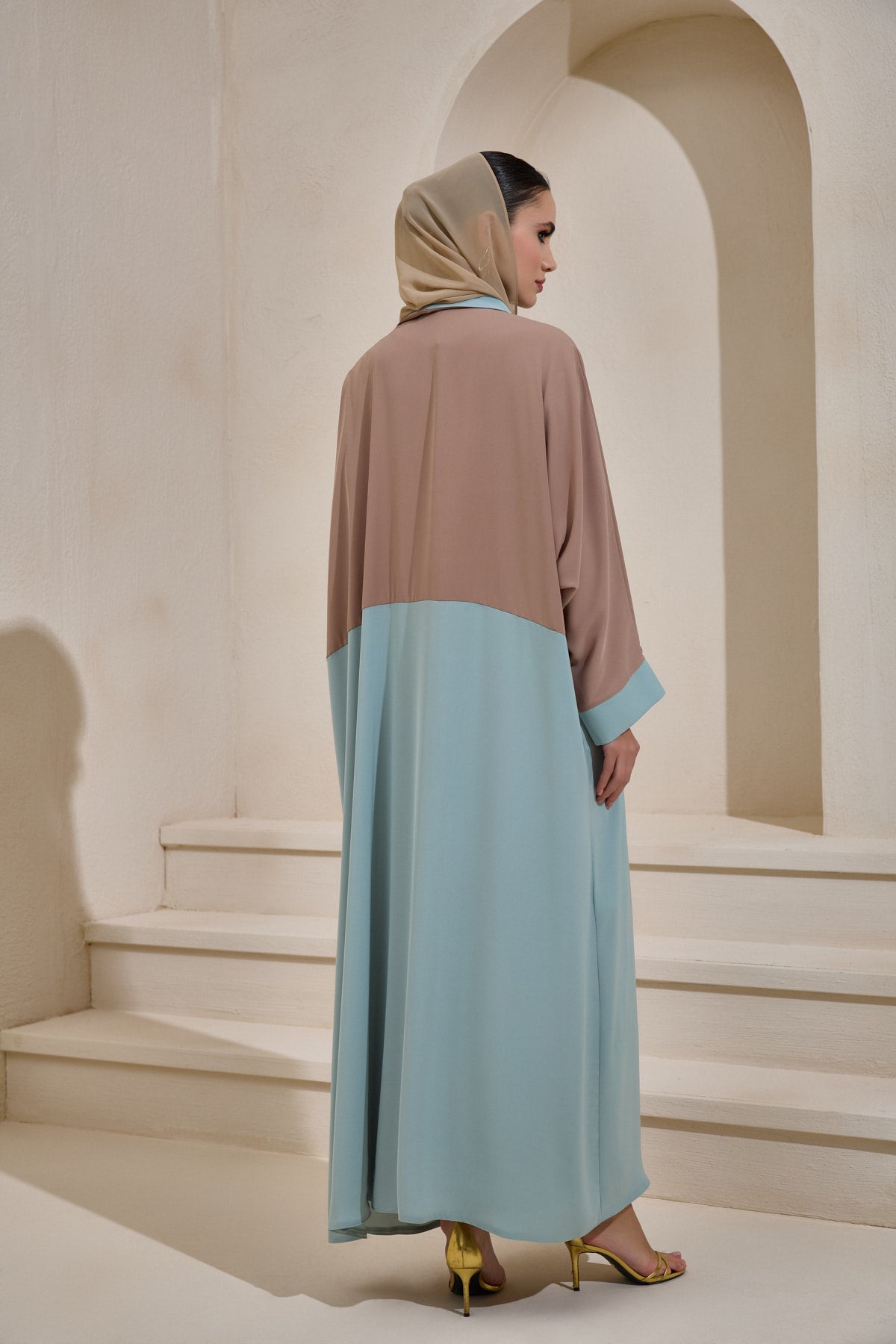 Light Blue and Mink Abaya Set with Shawl - sonafey