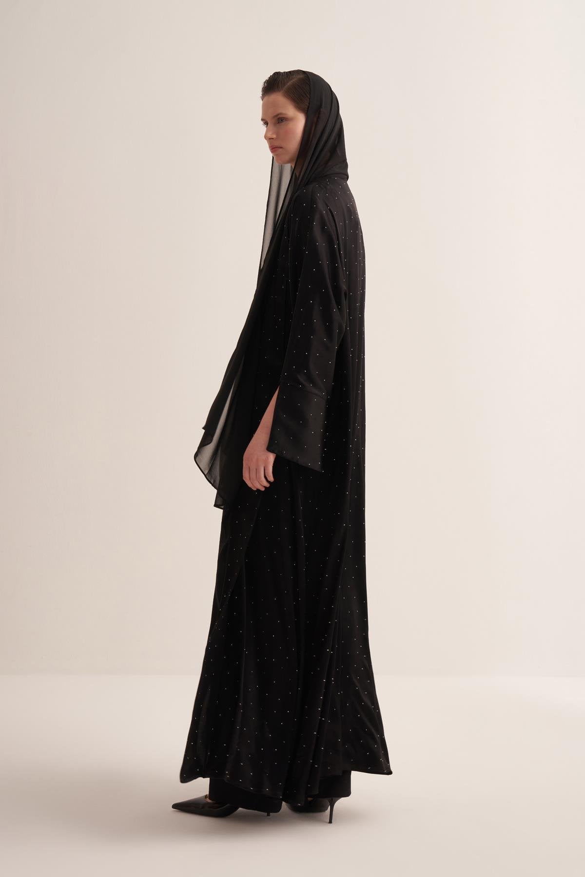 Black Natural Fabric Abaya with Stone Embellishments and Matching Shawl - sonafey
