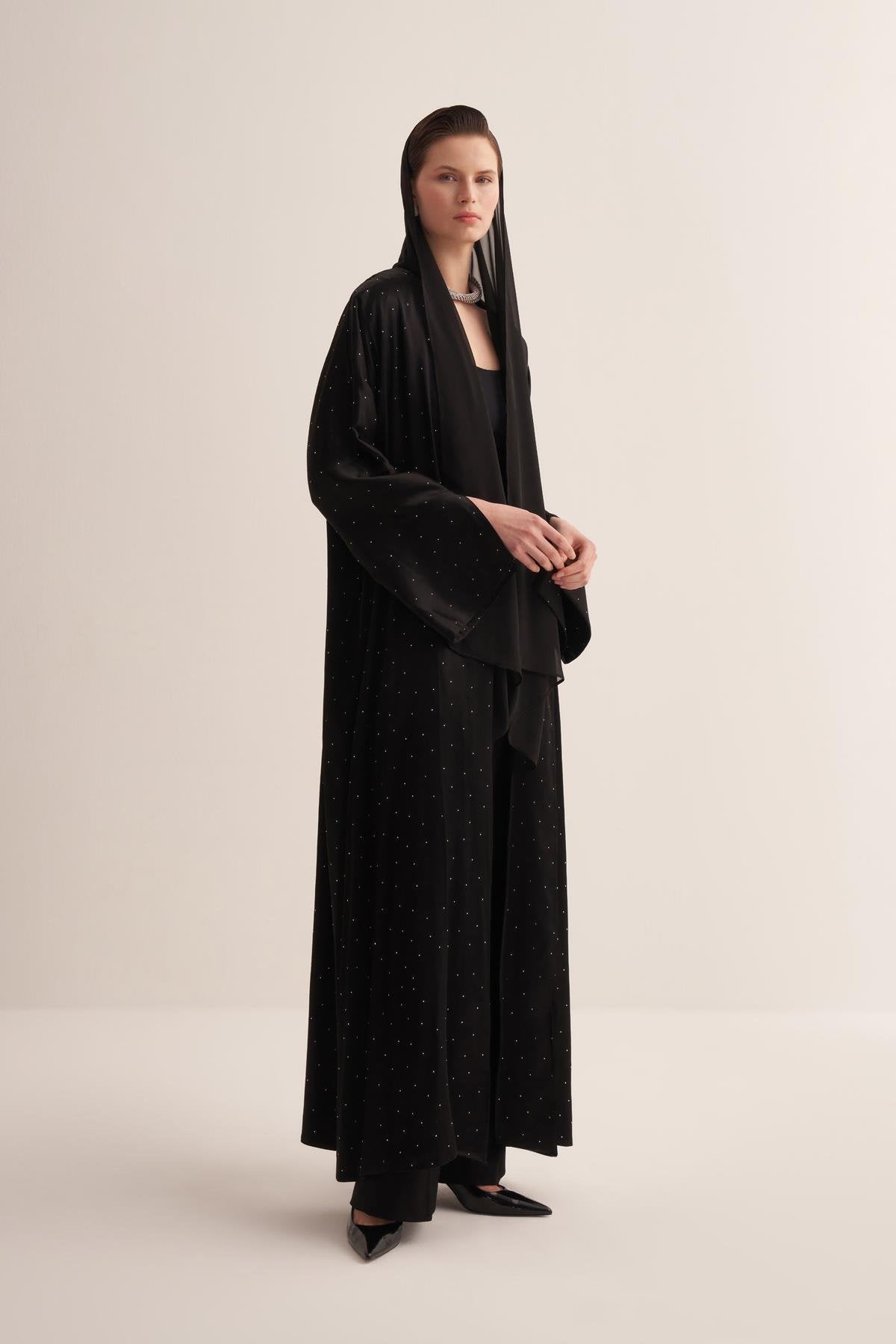 Black Natural Fabric Abaya with Stone Embellishments and Matching Shawl - sonafey