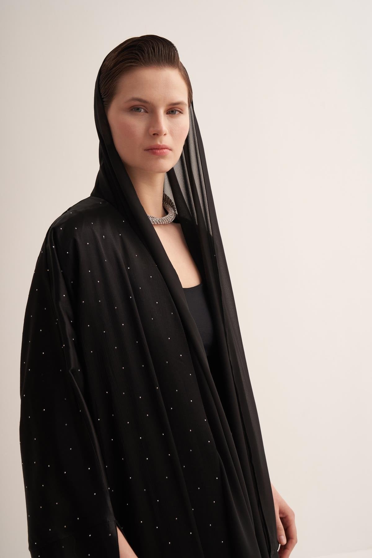 Black Natural Fabric Abaya with Stone Embellishments and Matching Shawl - sonafey