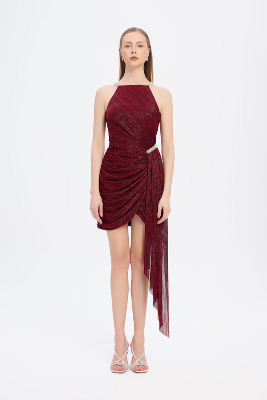 Taşlı Drape Detaylı Mini Abiye Elbise - 9009C