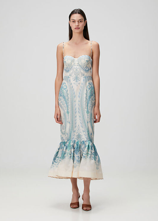 Zimmermann Illuminate Blue Midi Linen Cocktail Dress
